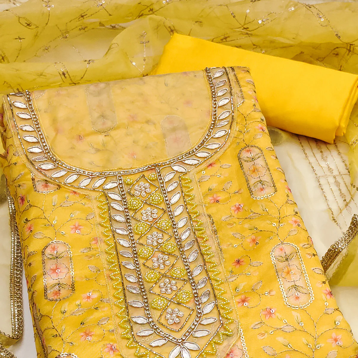 Yellow Floral Sequins Embroidery With Handwork Viscose Dress Material - Image 2