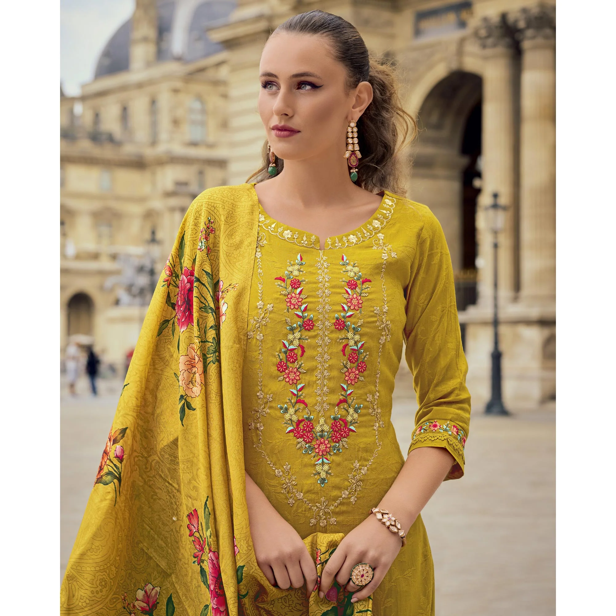 Yellow Floral Sequins Embroidery With Handwork Viscose Salwar Suit - Image 5