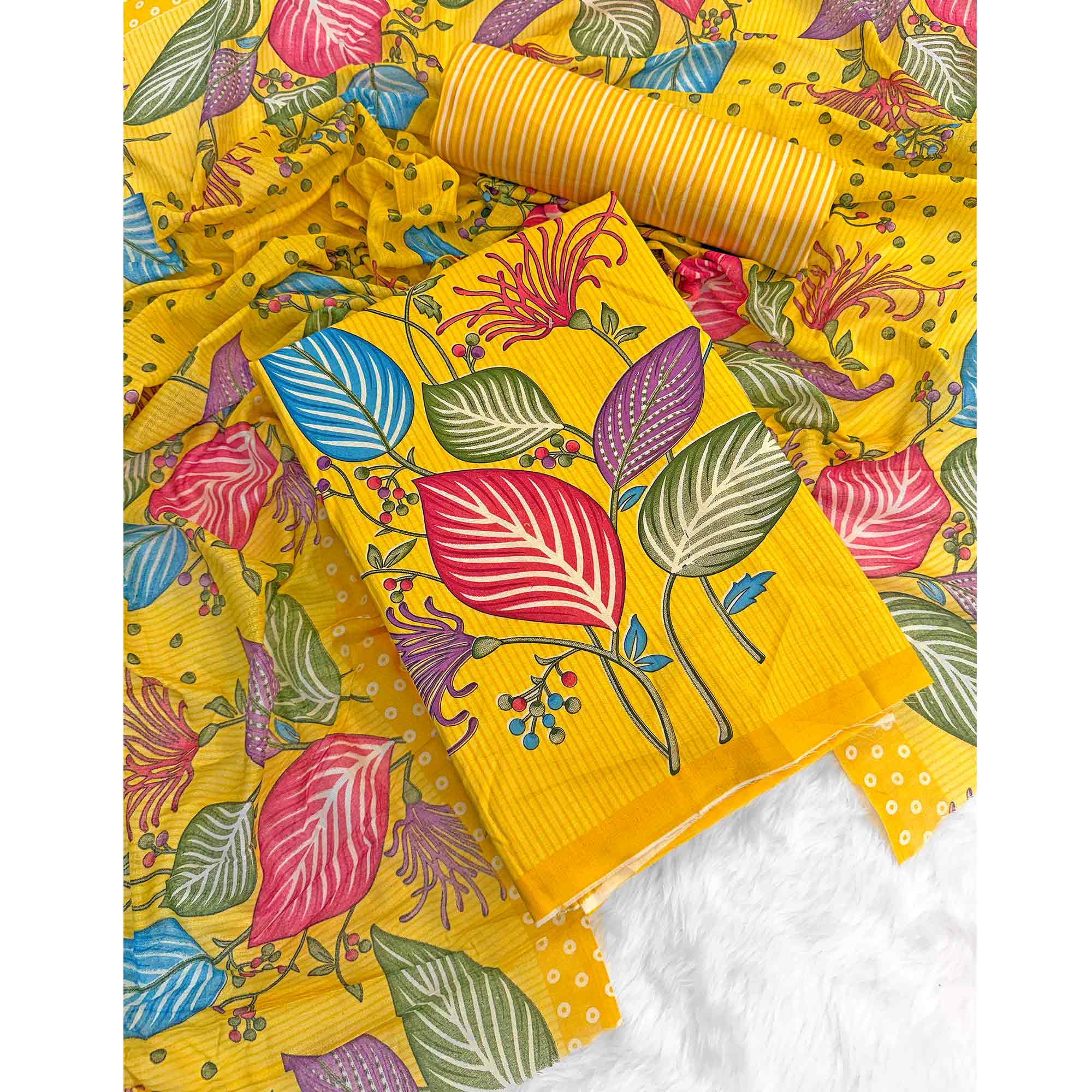Yellow Floral & Striped Printed Pure Cotton Dress Material With Elegant Detailing - Image 3