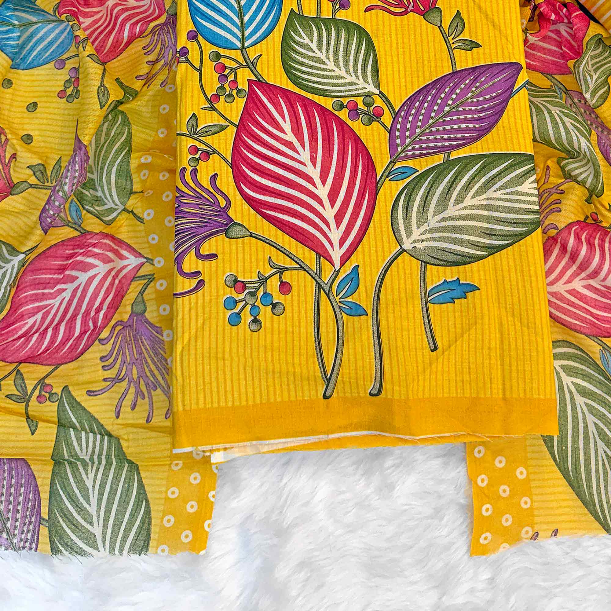 Yellow Floral & Striped Printed Pure Cotton Dress Material With Elegant Detailing - Image 4