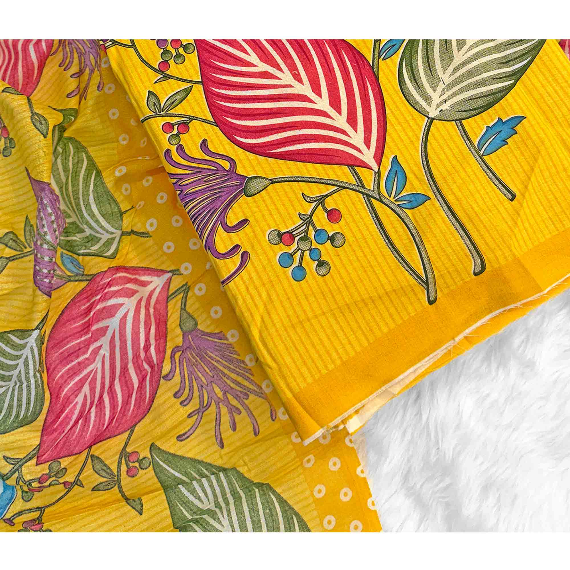 Yellow Floral & Striped Printed Pure Cotton Dress Material With Elegant Detailing - Image 5