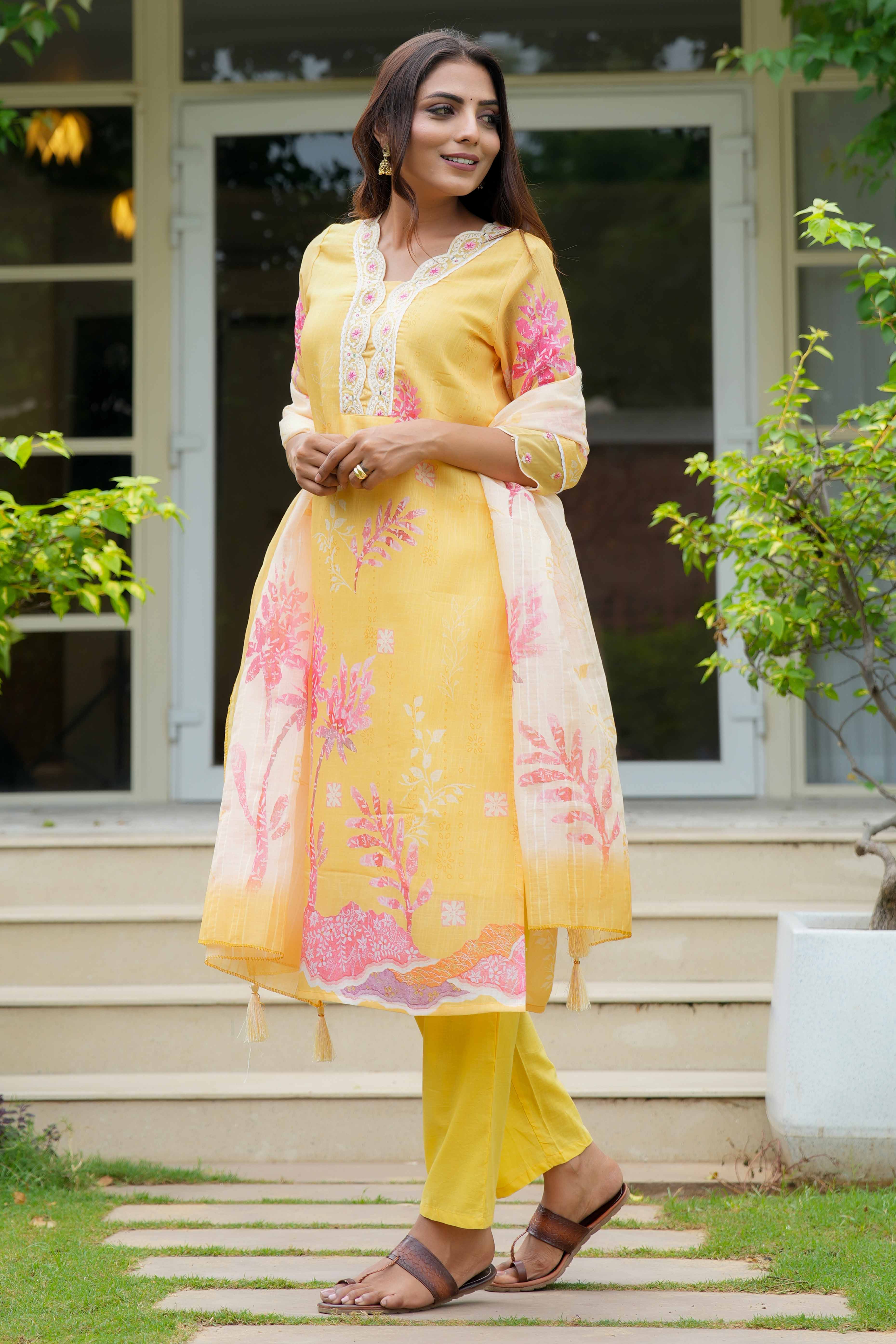 Yellow Floral With Lace Work One Neck Linen Salwar Suit - Image 5
