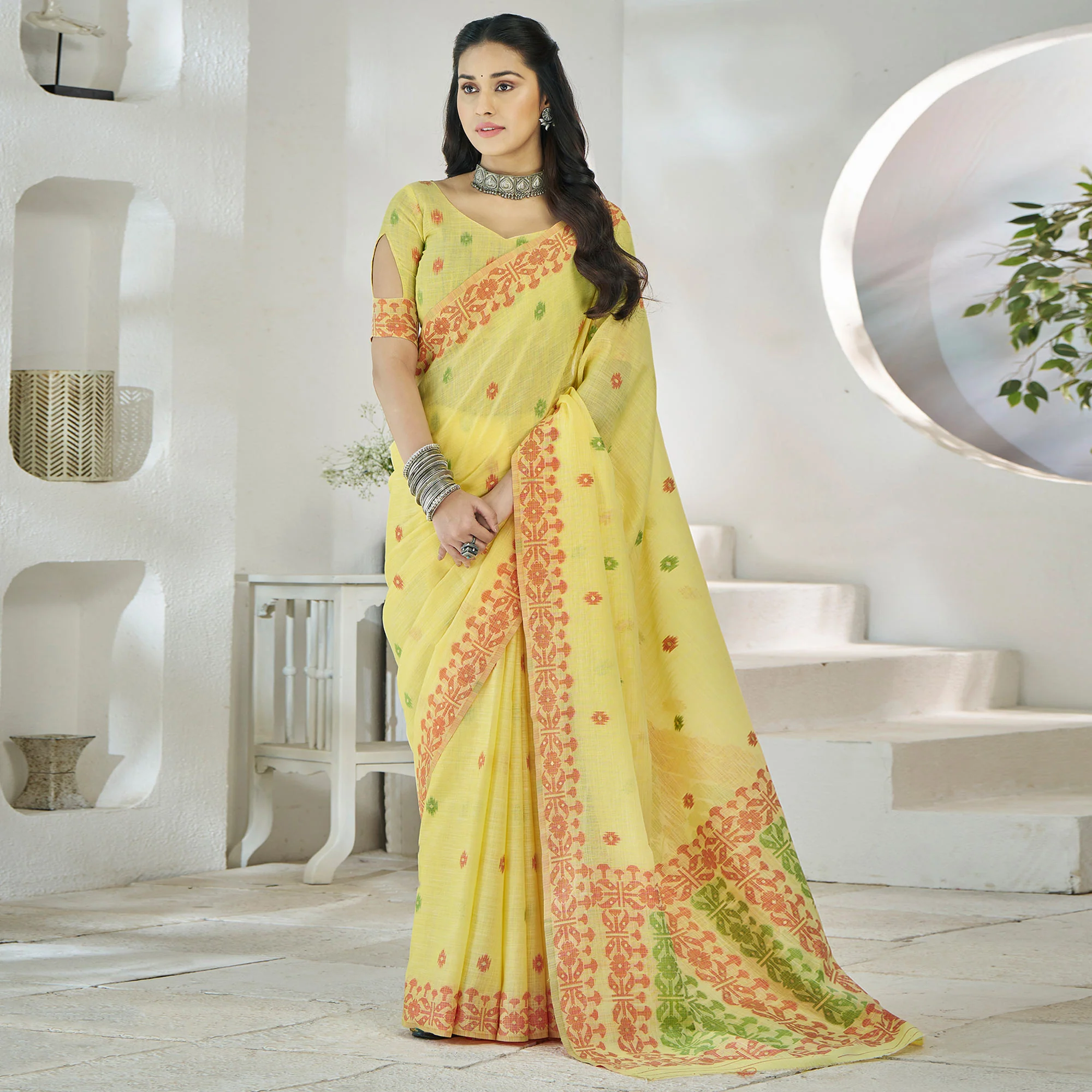 Yellow Floral Woven Cotton Silk Saree - Image 2
