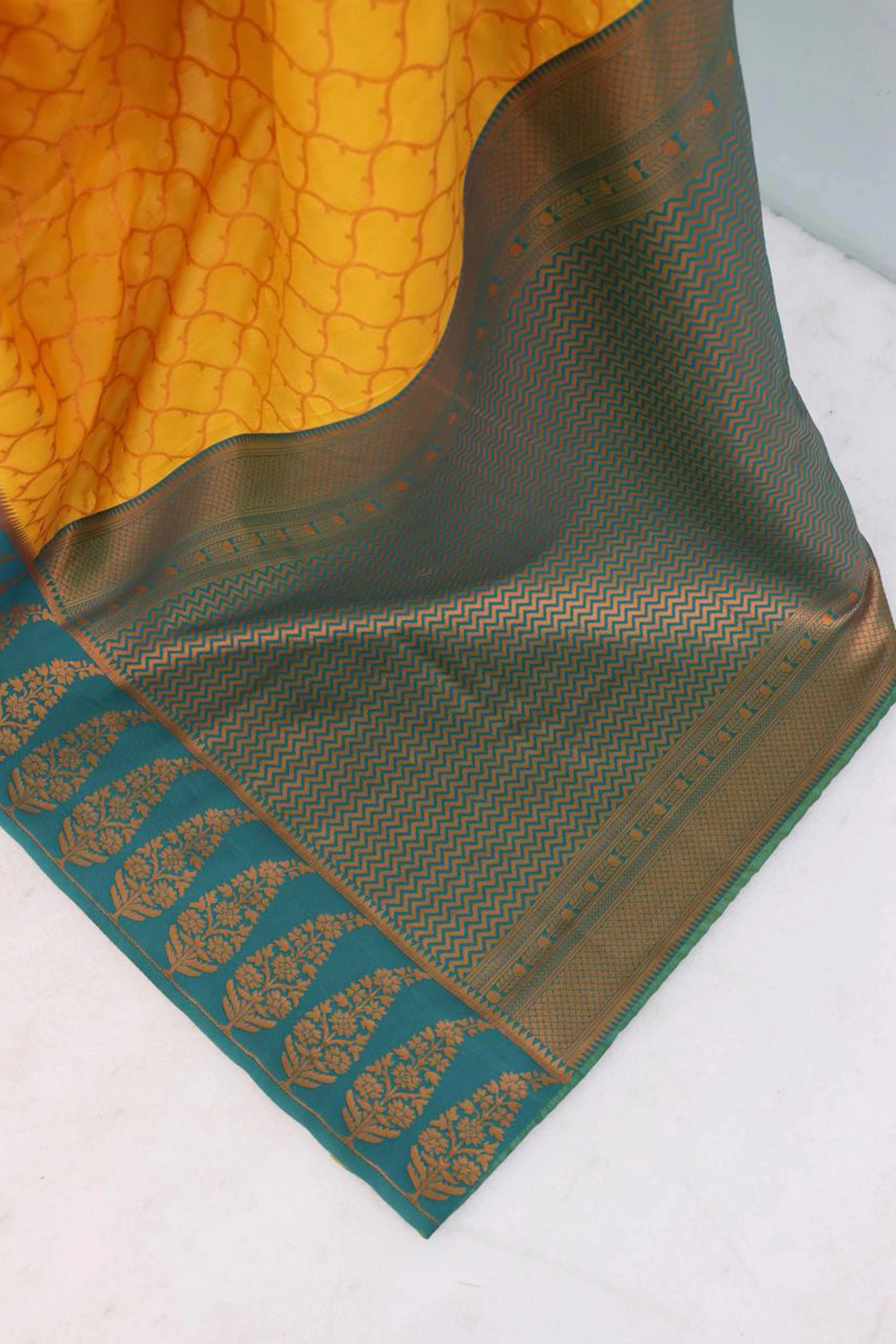 Yellow Floral Woven Kanjivaram Silk Saree - Image 4