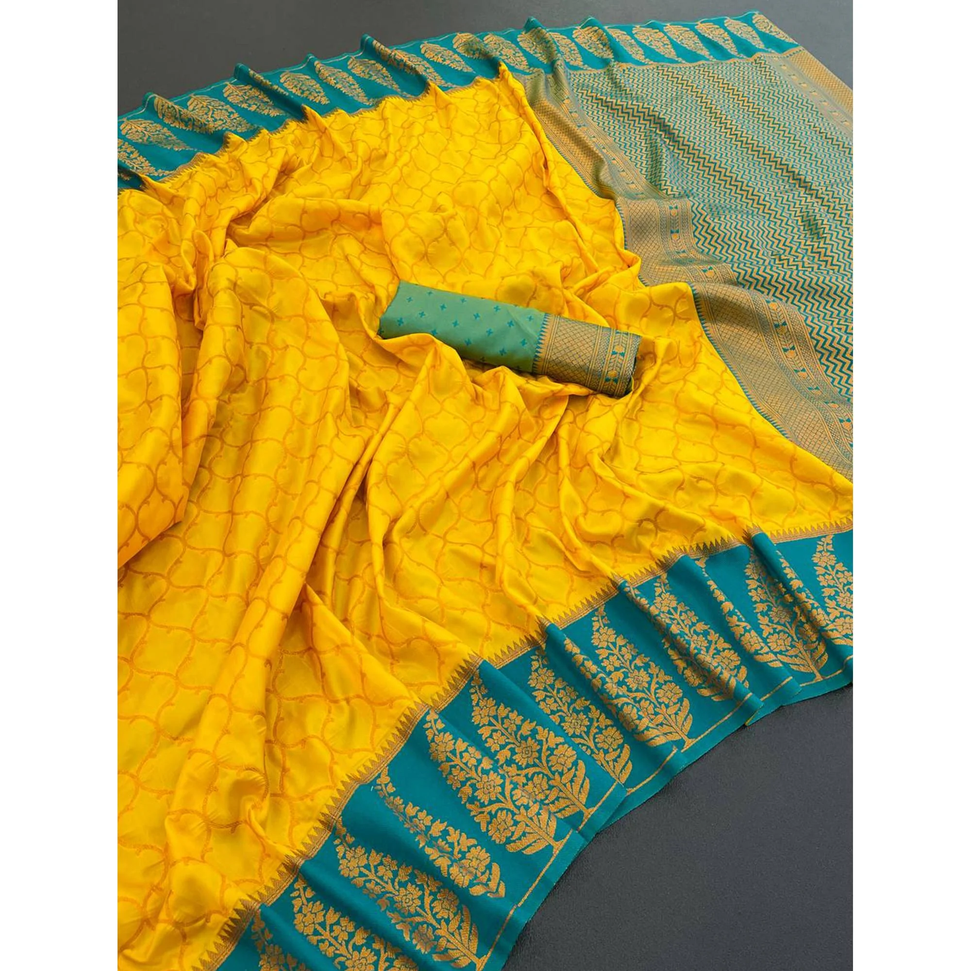 Yellow Floral Woven Kanjivaram Silk Saree - Image 5