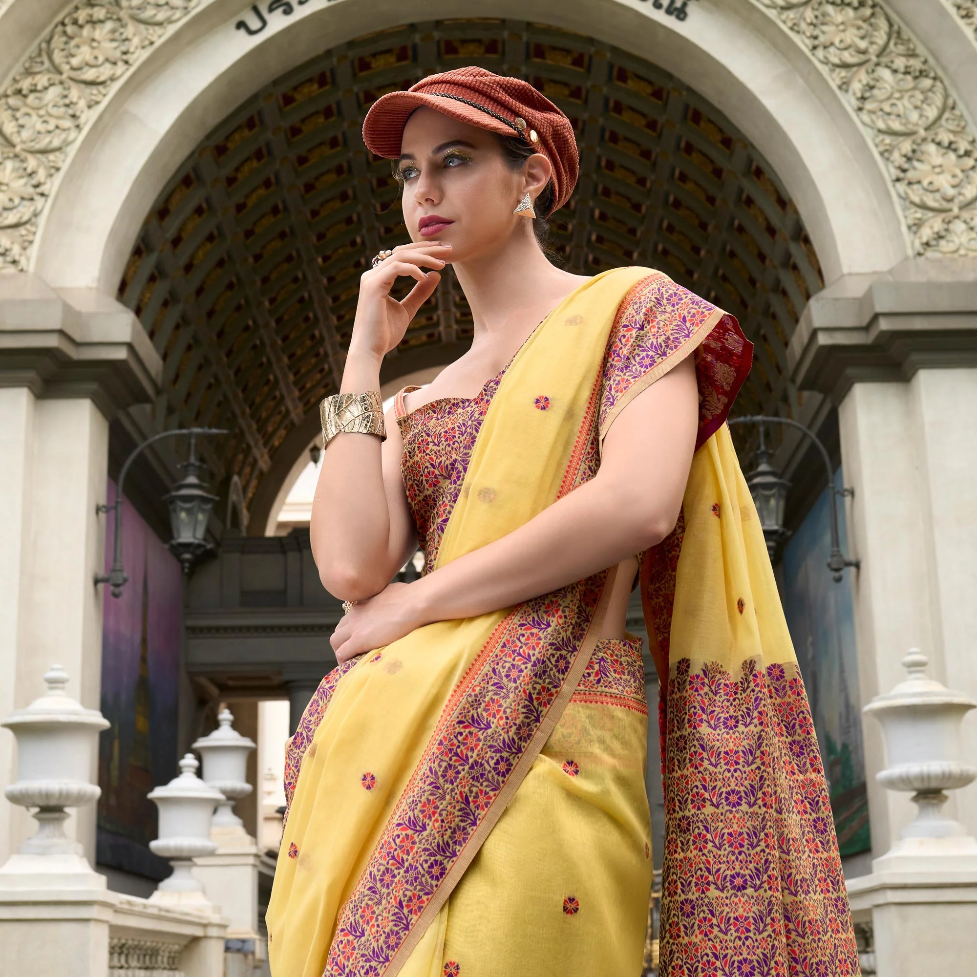 Yellow Floral Woven linen Saree - Image 4