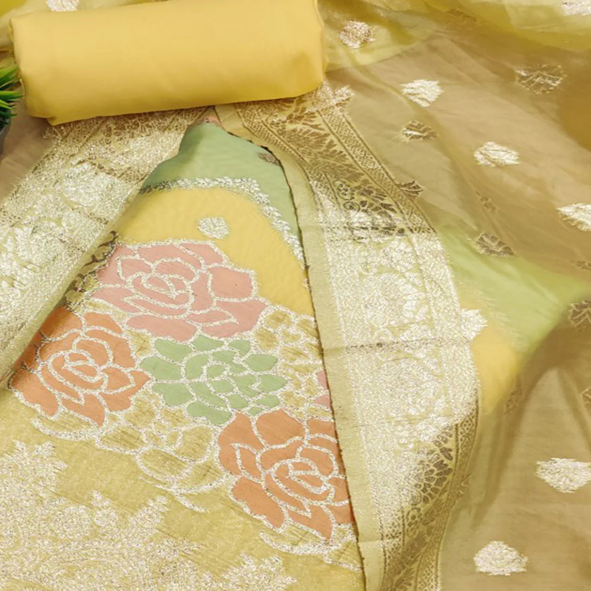 Yellow Floral Woven Organza Dress Material - Image 2