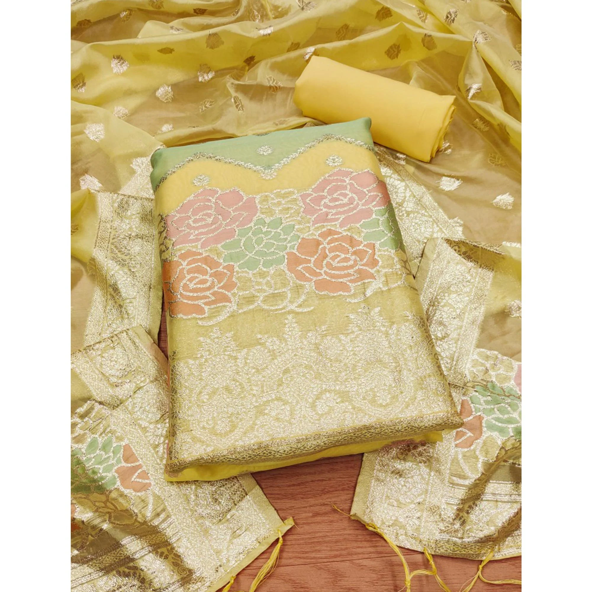 Yellow Floral Woven Organza Dress Material - Image 3