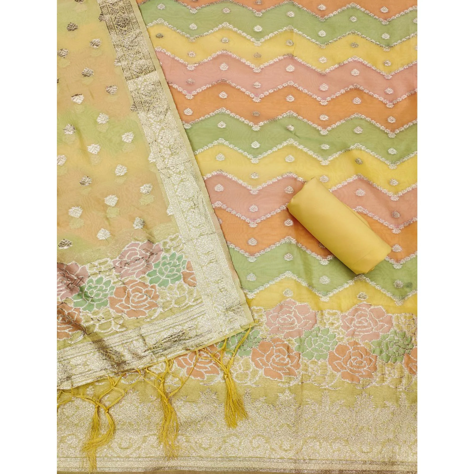 Yellow Floral Woven Organza Dress Material - Image 4