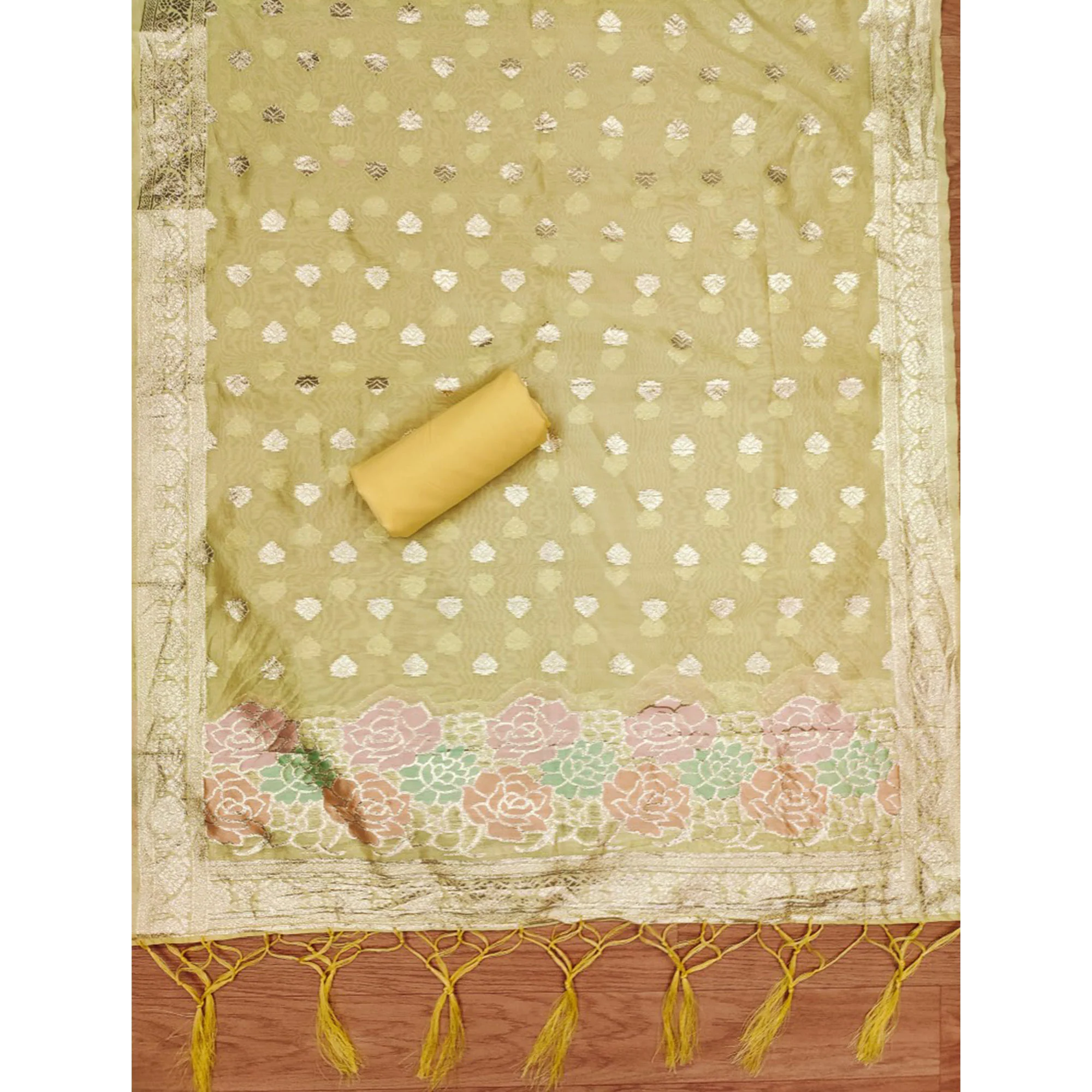 Yellow Floral Woven Organza Dress Material - Image 5