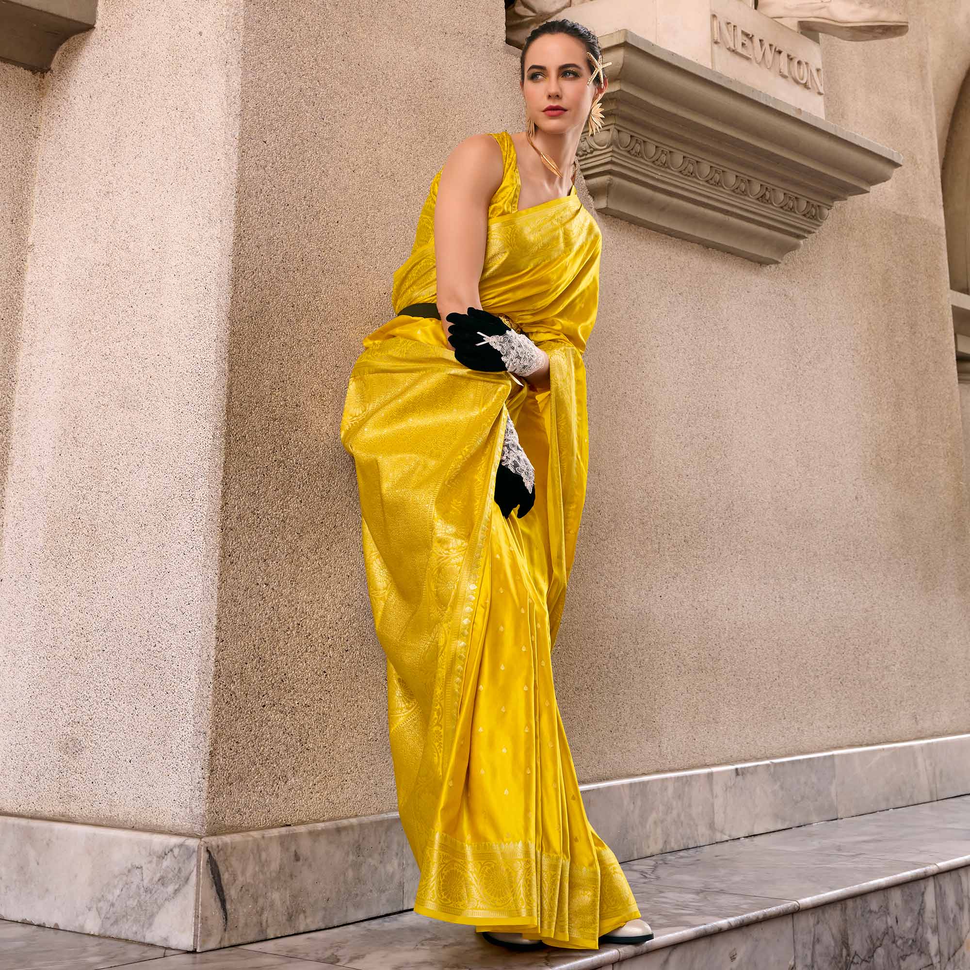Yellow Floral Woven Satin Silk Saree - Image 3