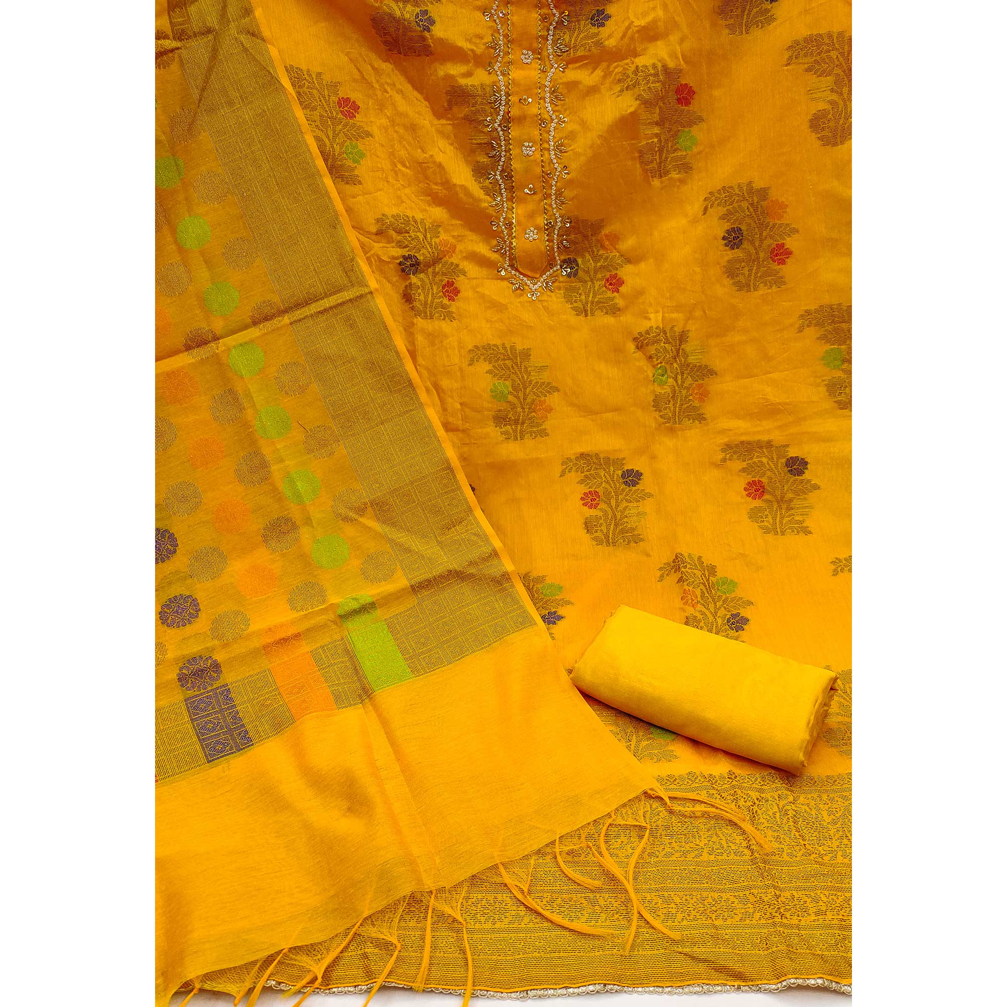 Yellow Floral Woven With Handwork Banarasi Silk Dress Material - Image 4