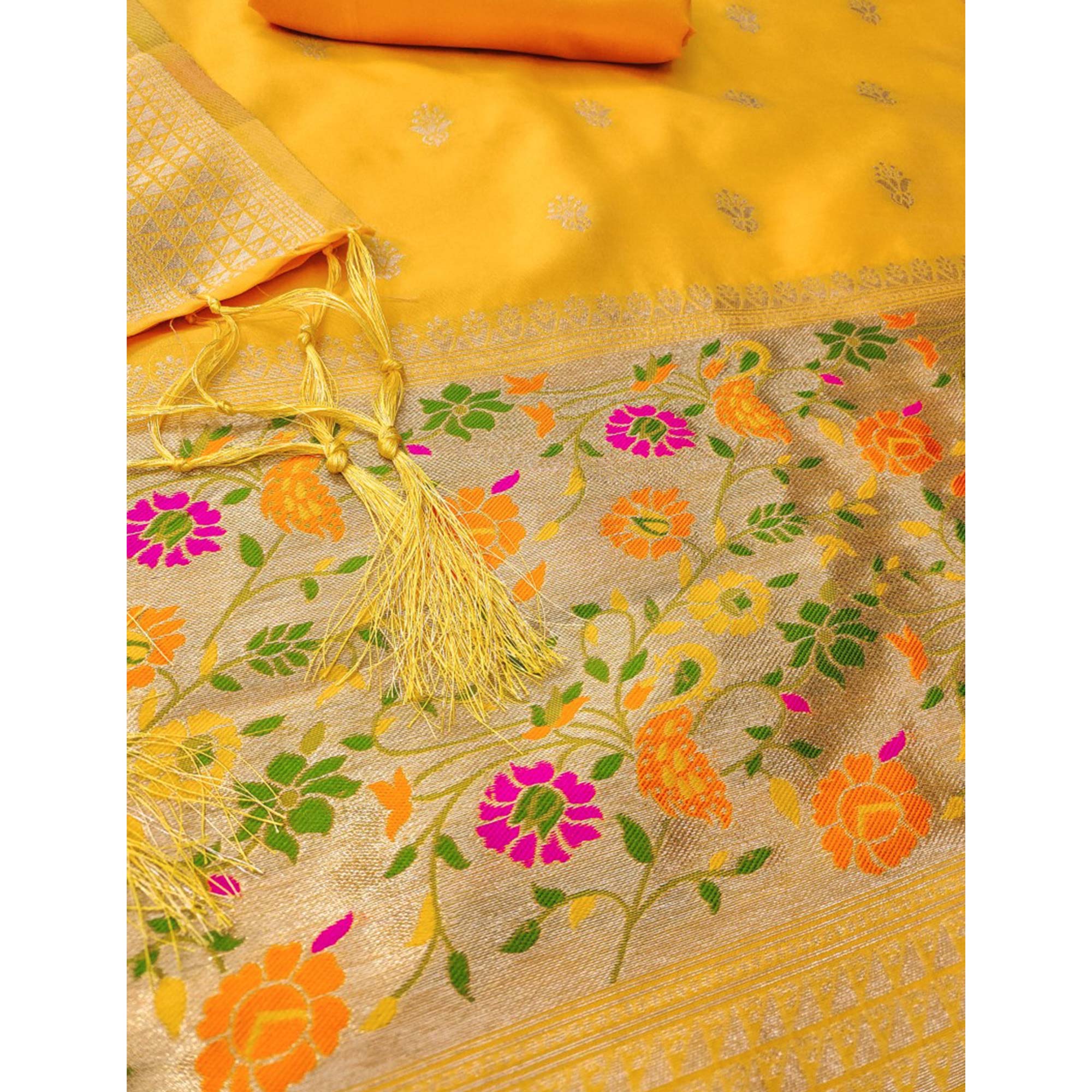 Yellow Floral Zari Woven Banarasi Silk Dress Material - Image 5