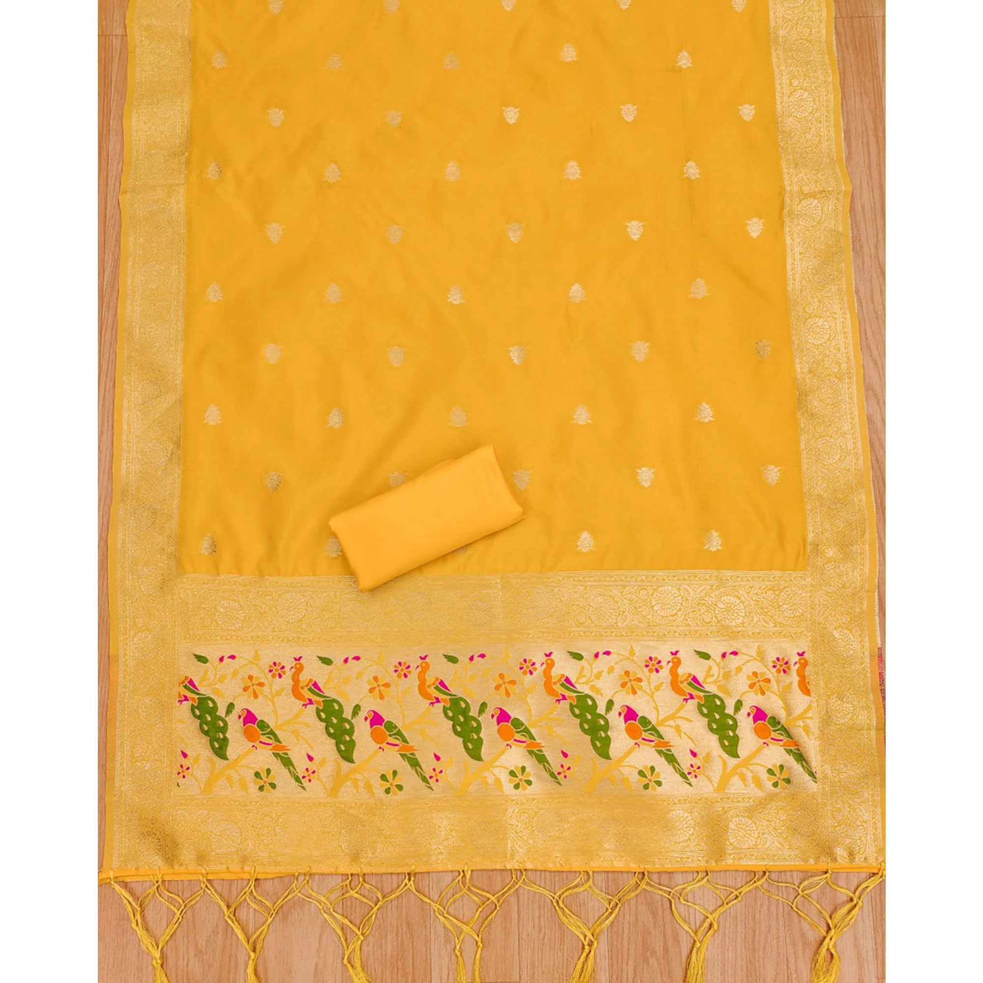 Yellow Floral Zari Woven Banarasi Silk Dress Material - Image 5
