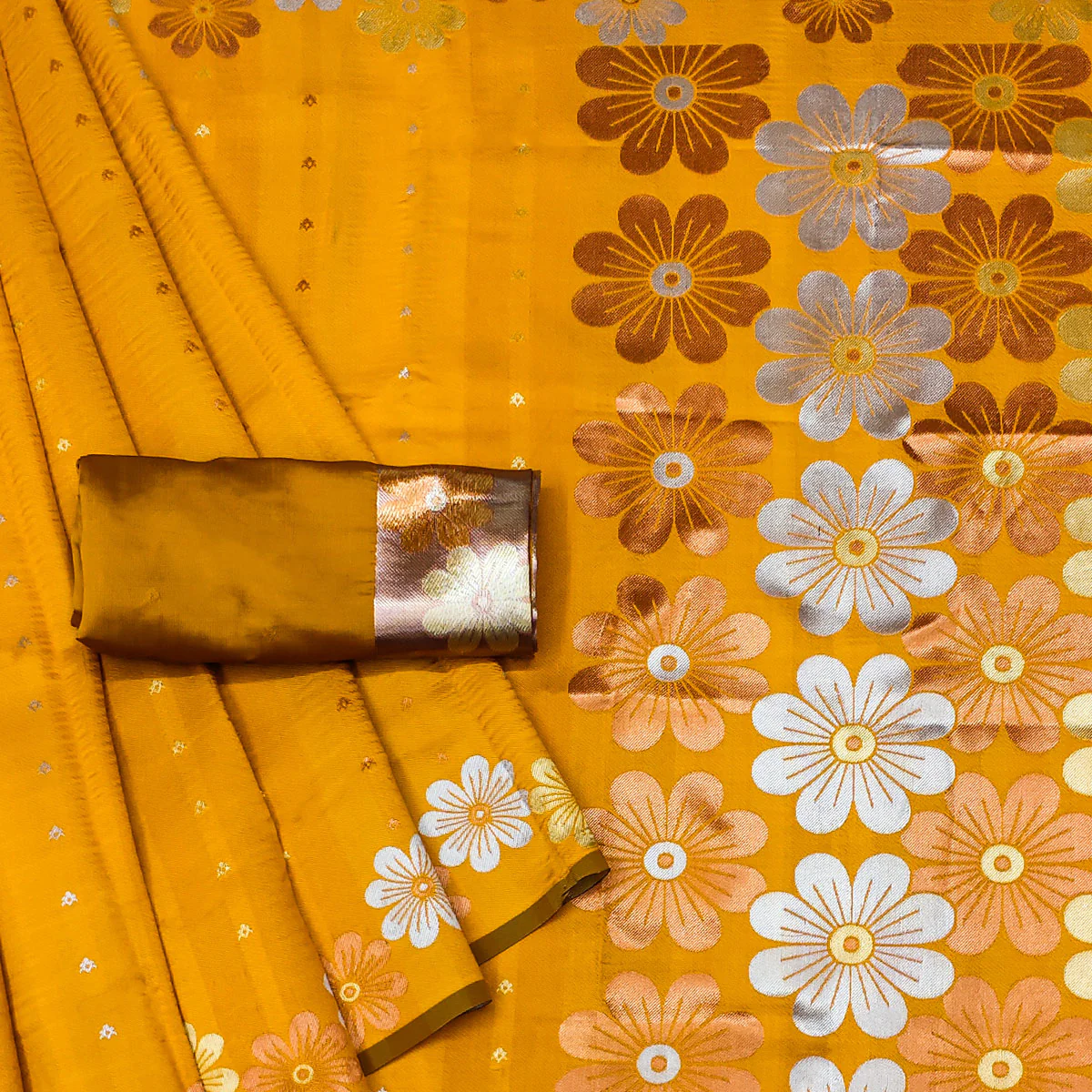 Yellow Floral Zari Woven Cotton Silk Saree - Image 2