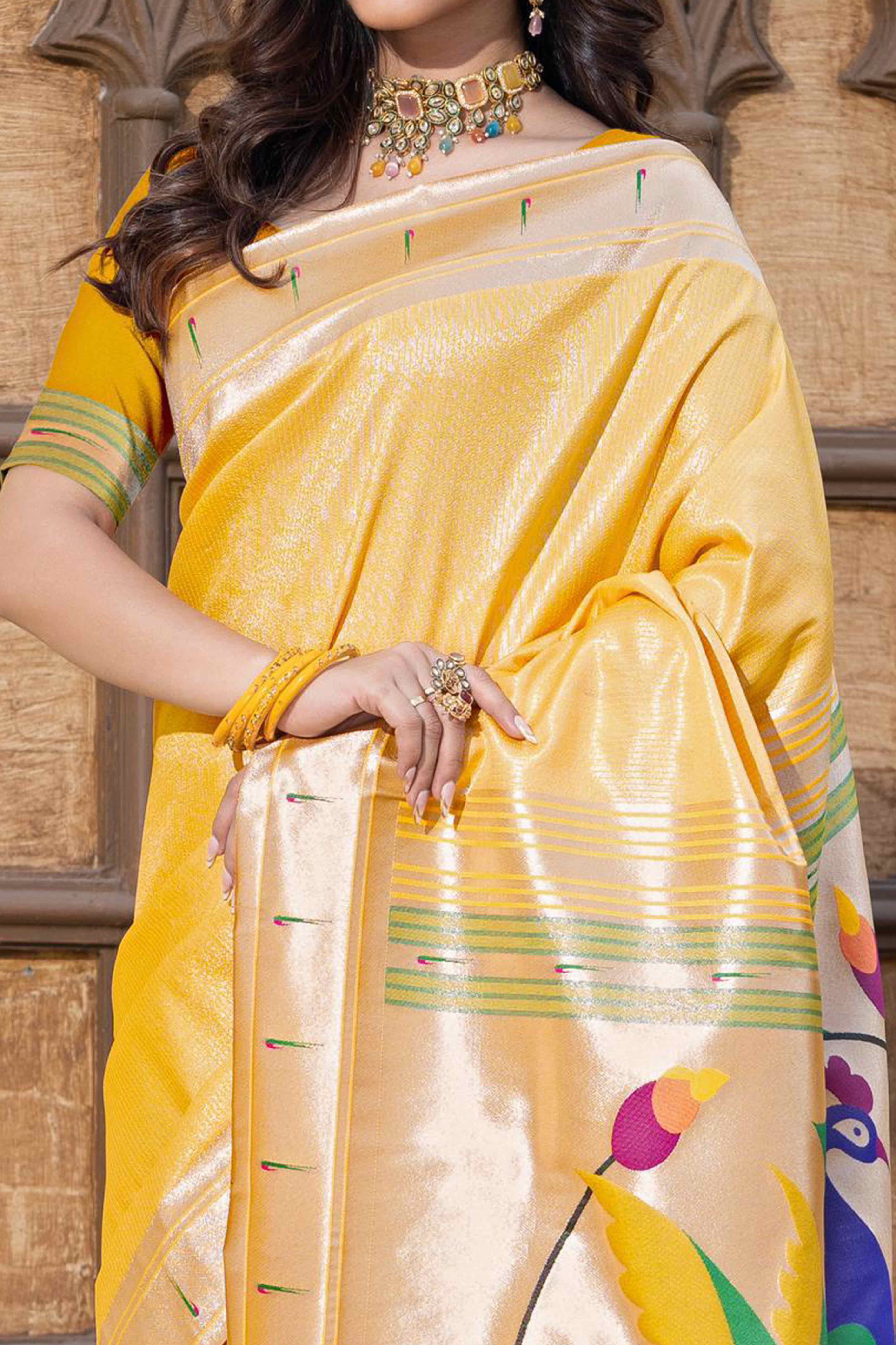 Yellow Floral Zari Woven Silk Blend Paithani Saree With Intricate Weaving - Image 2