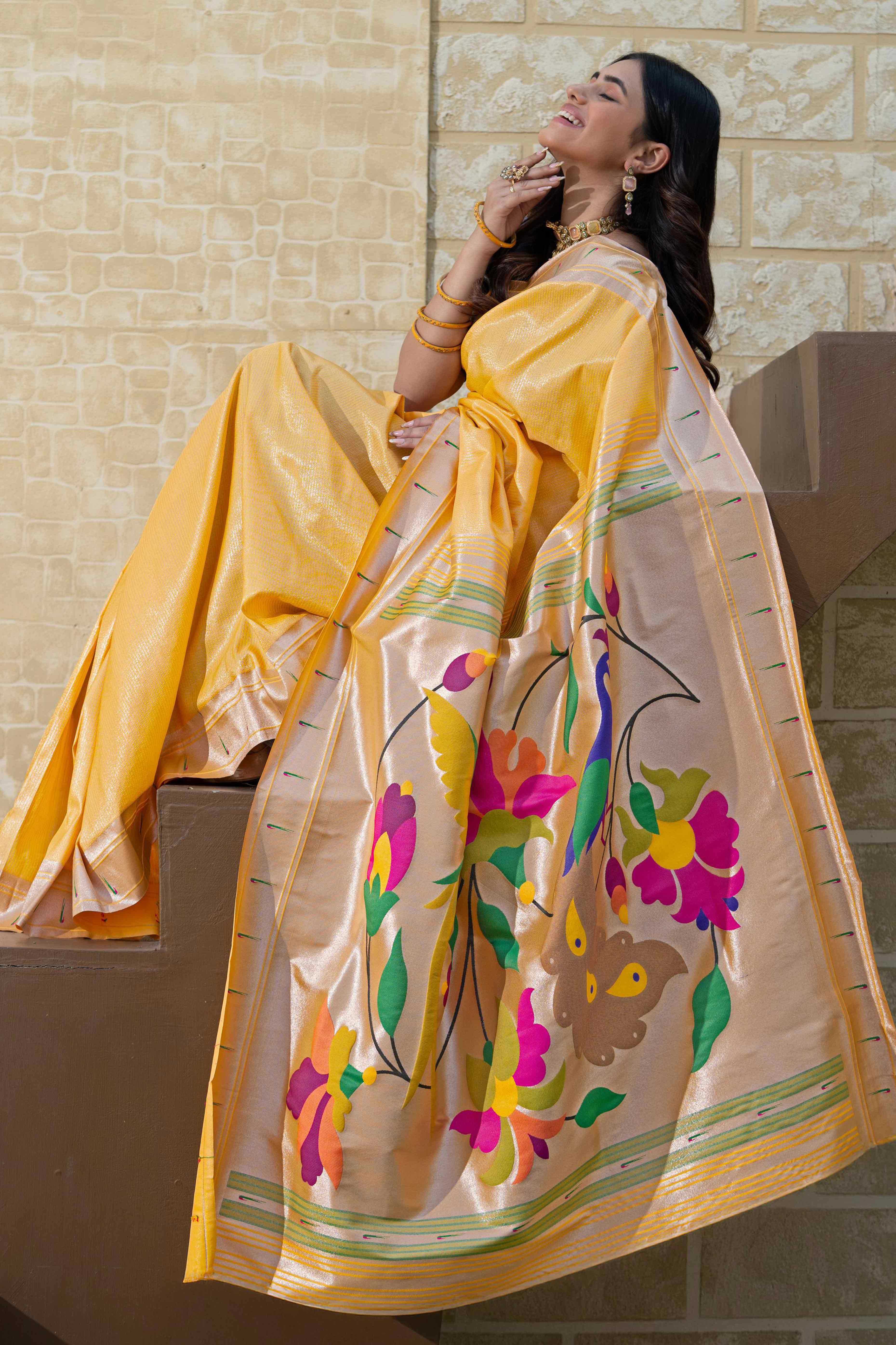 Yellow Floral Zari Woven Silk Blend Paithani Saree With Intricate Weaving - Image 3