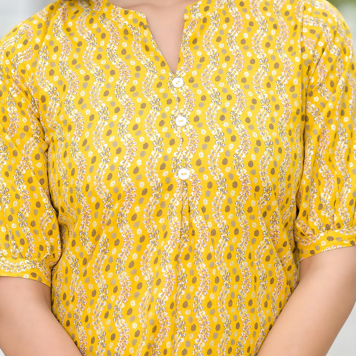 Yellow Foil Printed Pure Cotton A-Line Top - Image 2