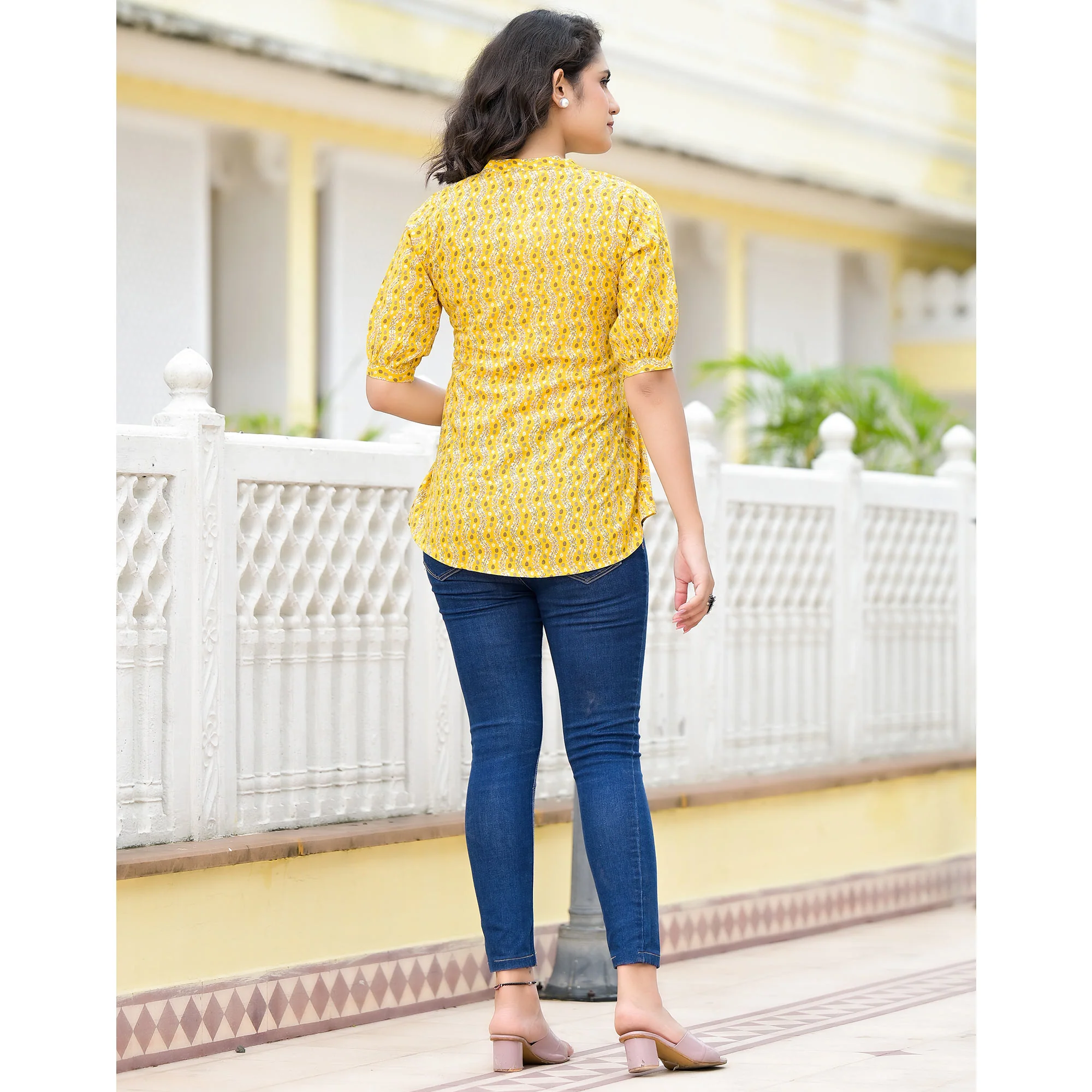 Yellow Foil Printed Pure Cotton A-Line Top - Image 9