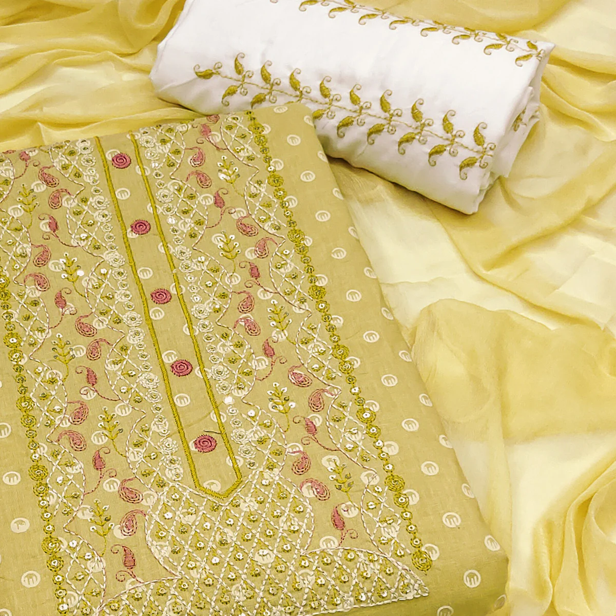 Yellow Geometric Printed With Embroidered Pure Cotton Dress Material - Image 2
