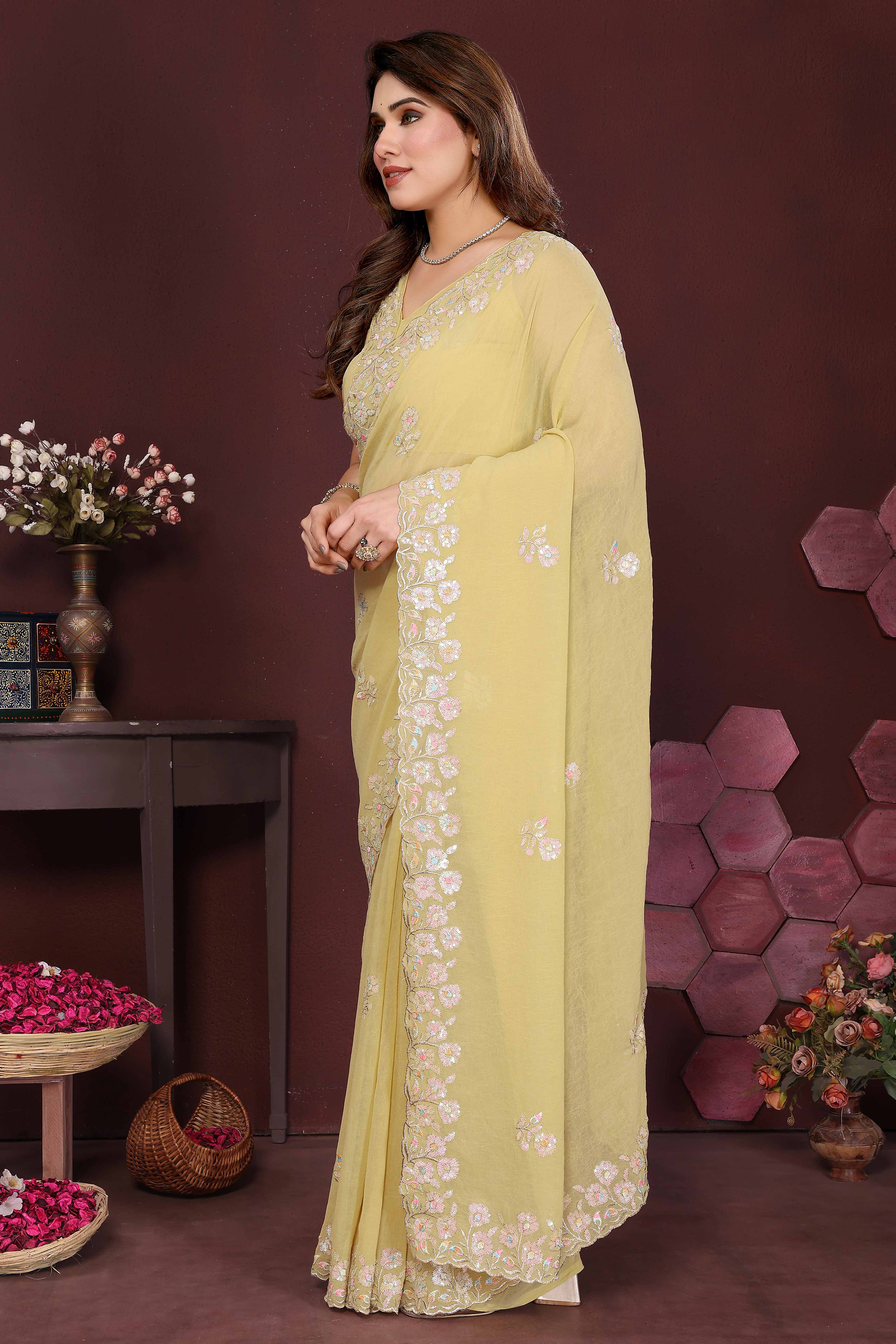Yellow Georgette Saree Featuring Intricate Floral Sequin Embroidery - Image 5