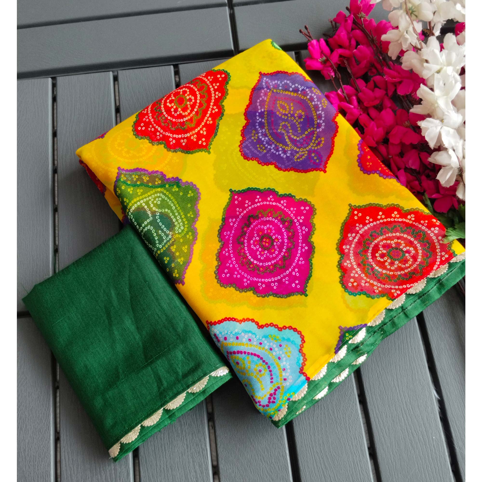Yellow Georgette Saree with Traditional Bandhani Prints - Image 5