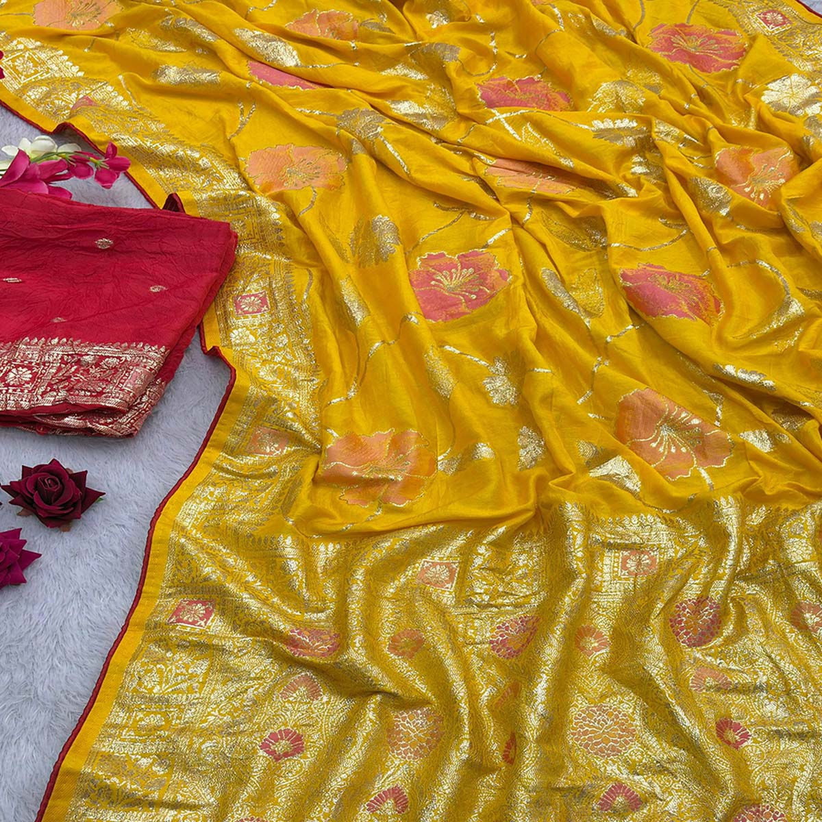 Yellow Graceful Soft Muslin Saree Highlighted with Premium Meenakari Zari Work - Image 2