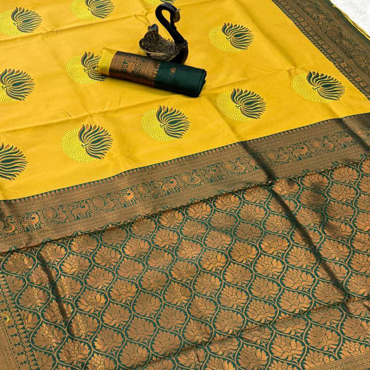 Yellow & Green Floral Zari Weaving Banarasi Silk Saree Embellished With Unique Border & Pallu - Image 2