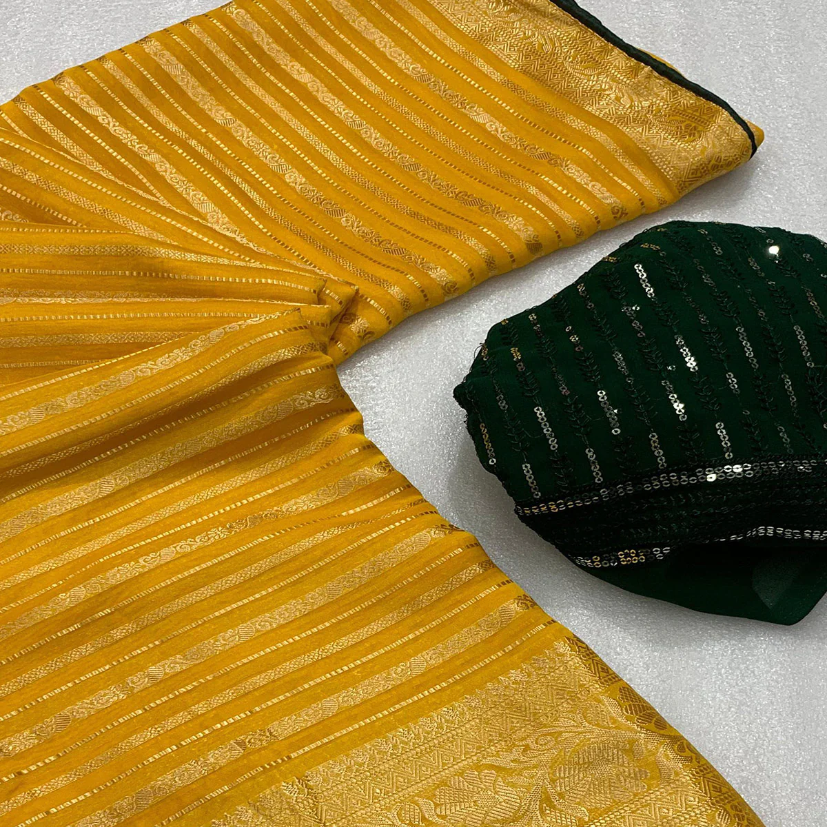 Yellow & Green Woven Georgette Saree With Tassels - Image 2