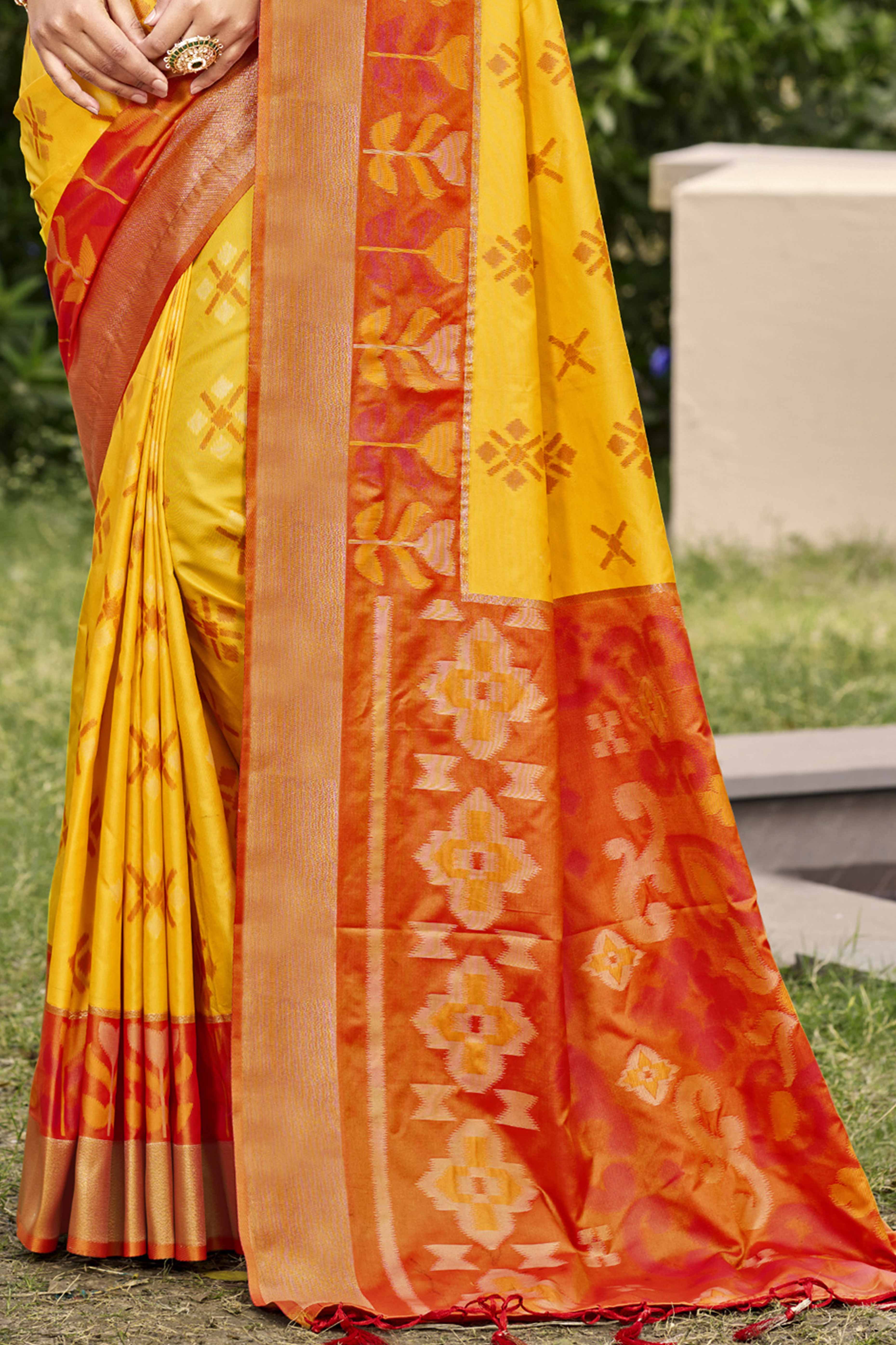 Yellow Ikat Woven Silk Saree for Festive Celebrations - Image 4