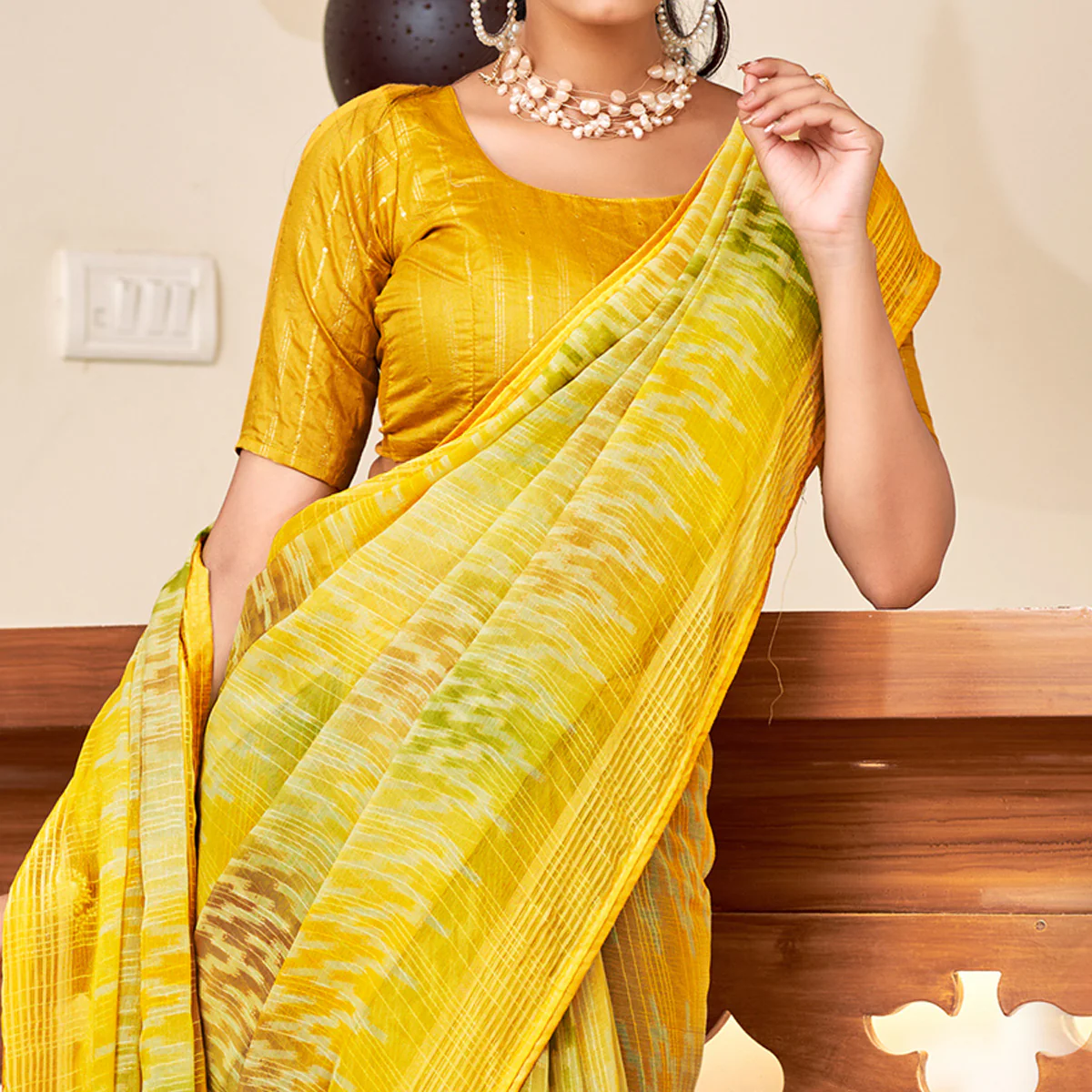 Yellow Ikkat Printed Chiffon Saree - Image 2