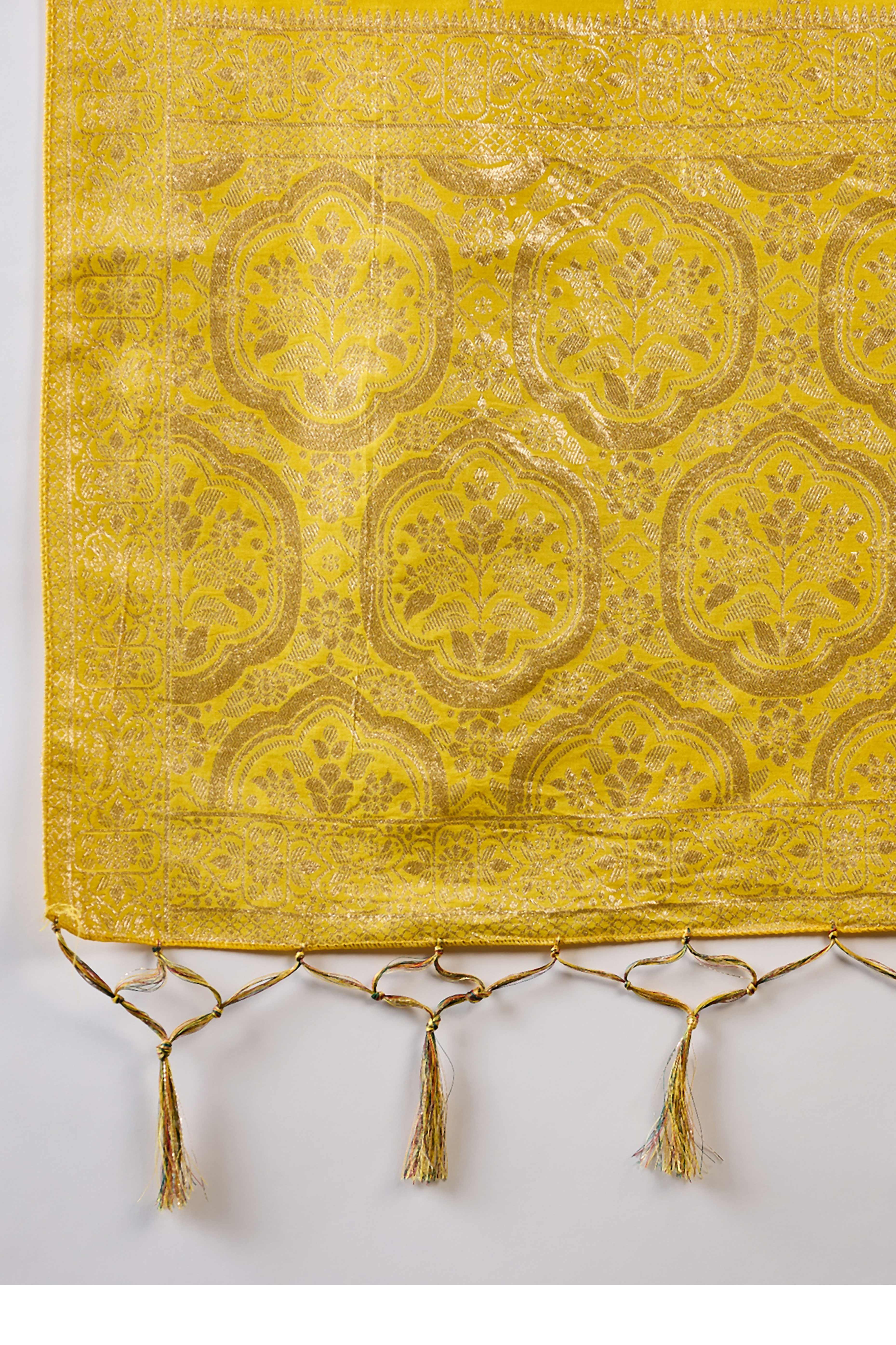 Yellow Jacquard Saree In Cotton Blend Featuring Elegant Floral Weaving & A Tasselled Pallu - Image 7