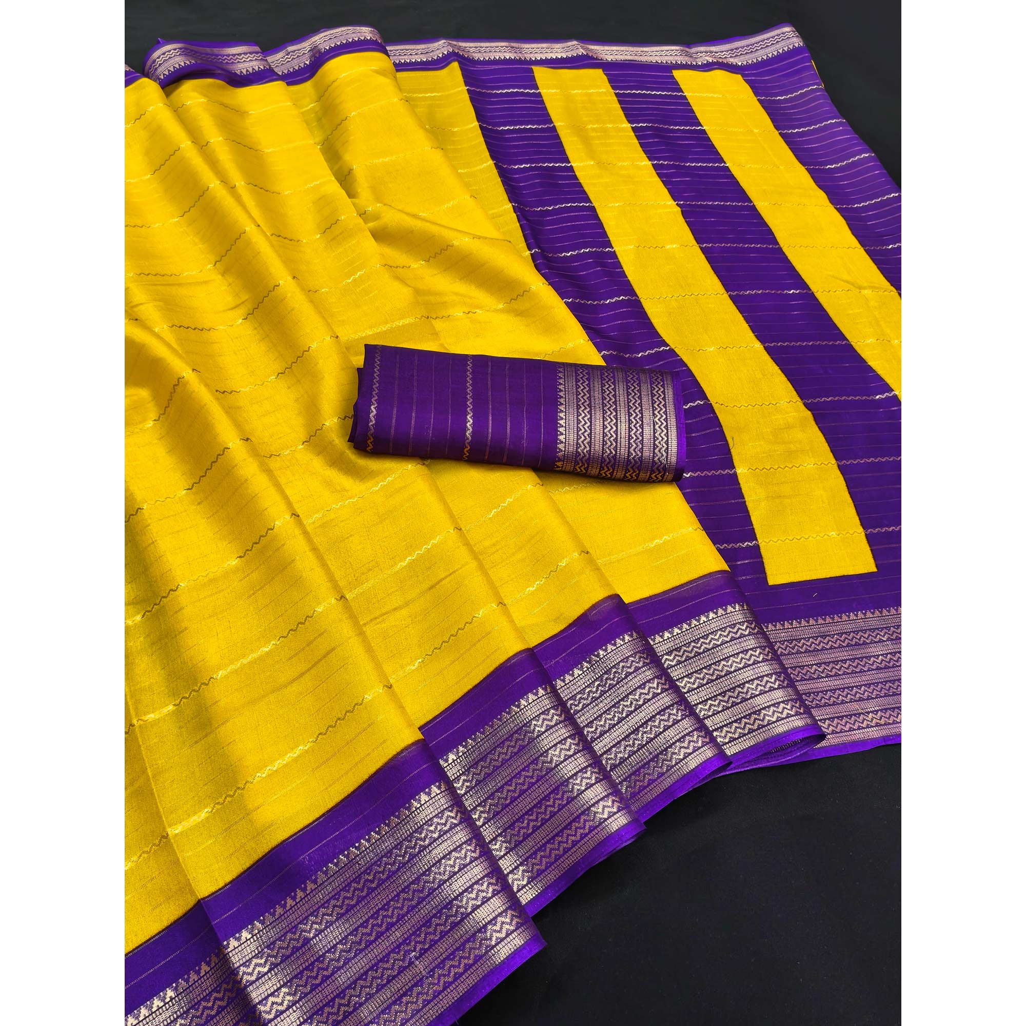 Yellow Jacquard Saree With Contemporary Striped Pattern Accented By Rich Zari Weaving - Image 3