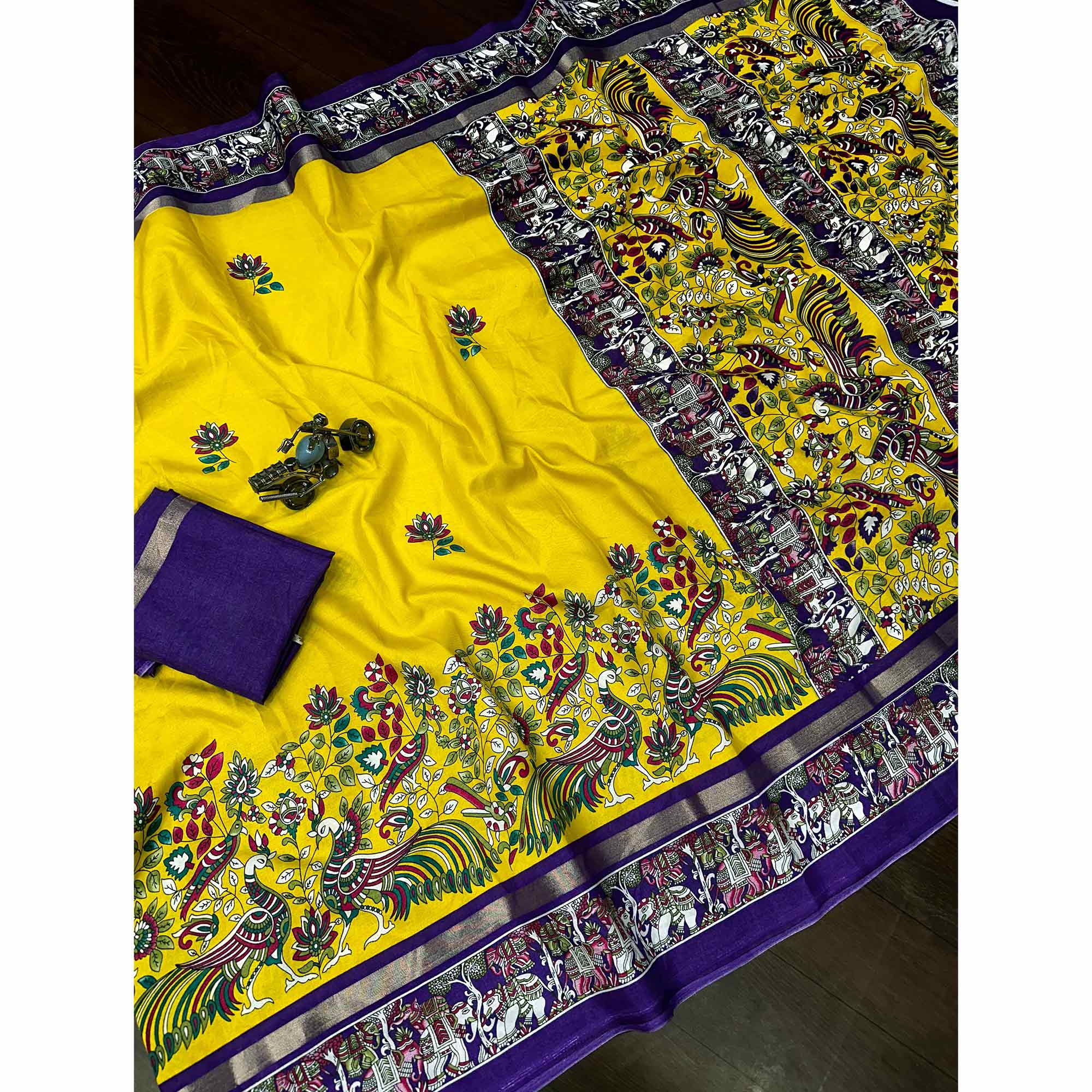 Yellow Kalamkari Printed Pure Mulmul Cotton Saree - Image 3