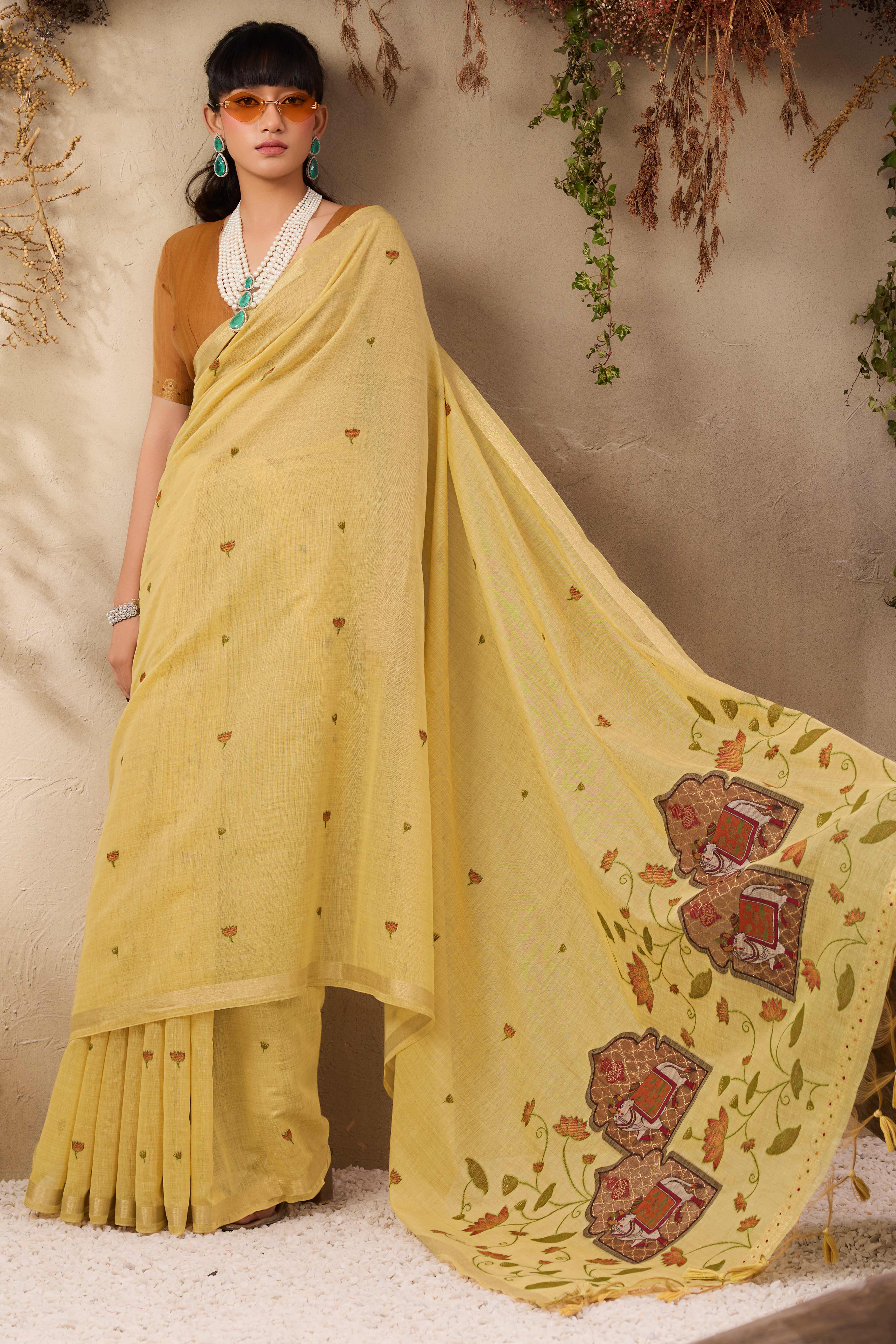 Yellow Lightweight Handloom Munga Cotton Blend Saree Accented with Floral Woven Motifs - Image 3