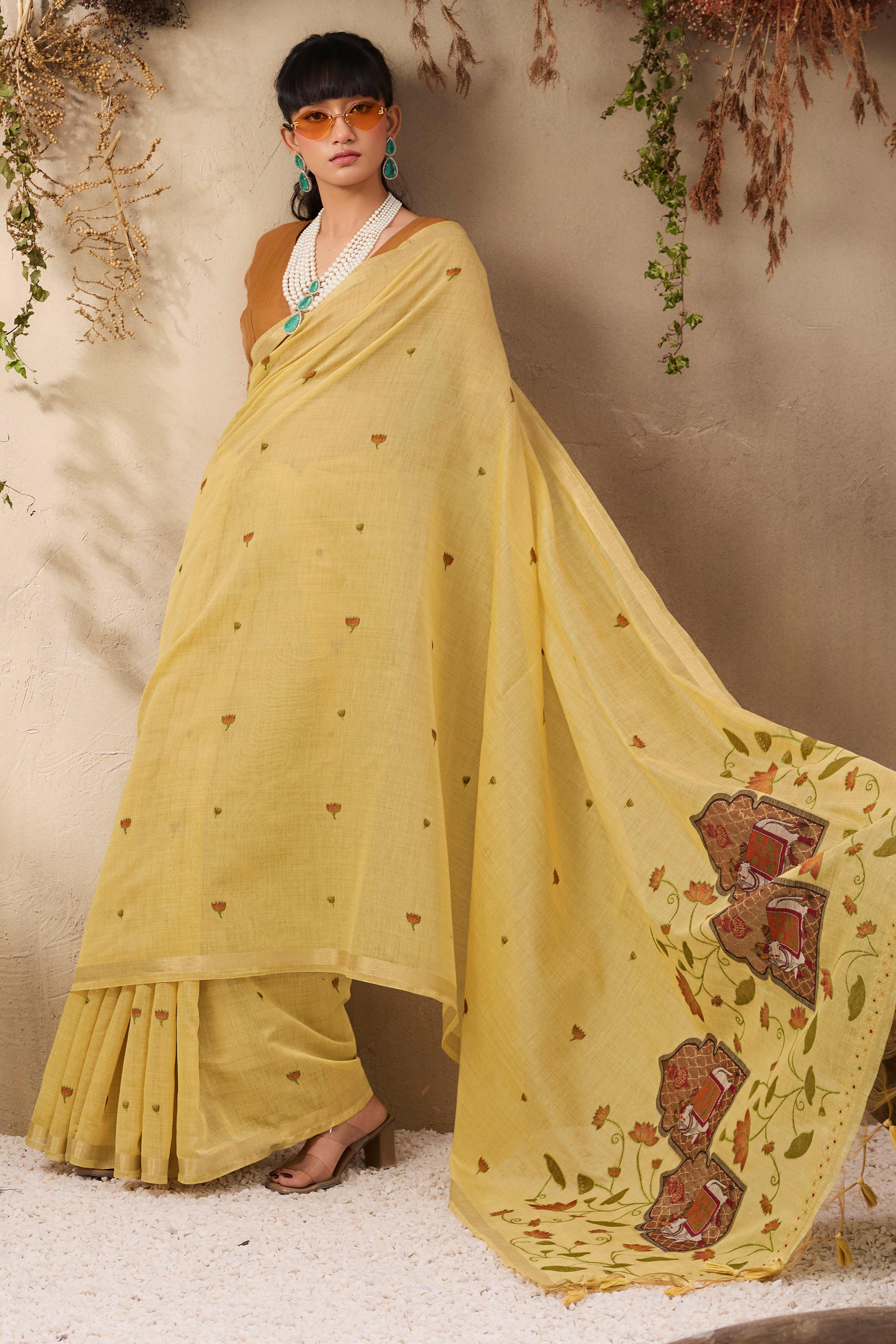 Yellow Lightweight Handloom Munga Cotton Blend Saree Accented with Floral Woven Motifs - Image 4