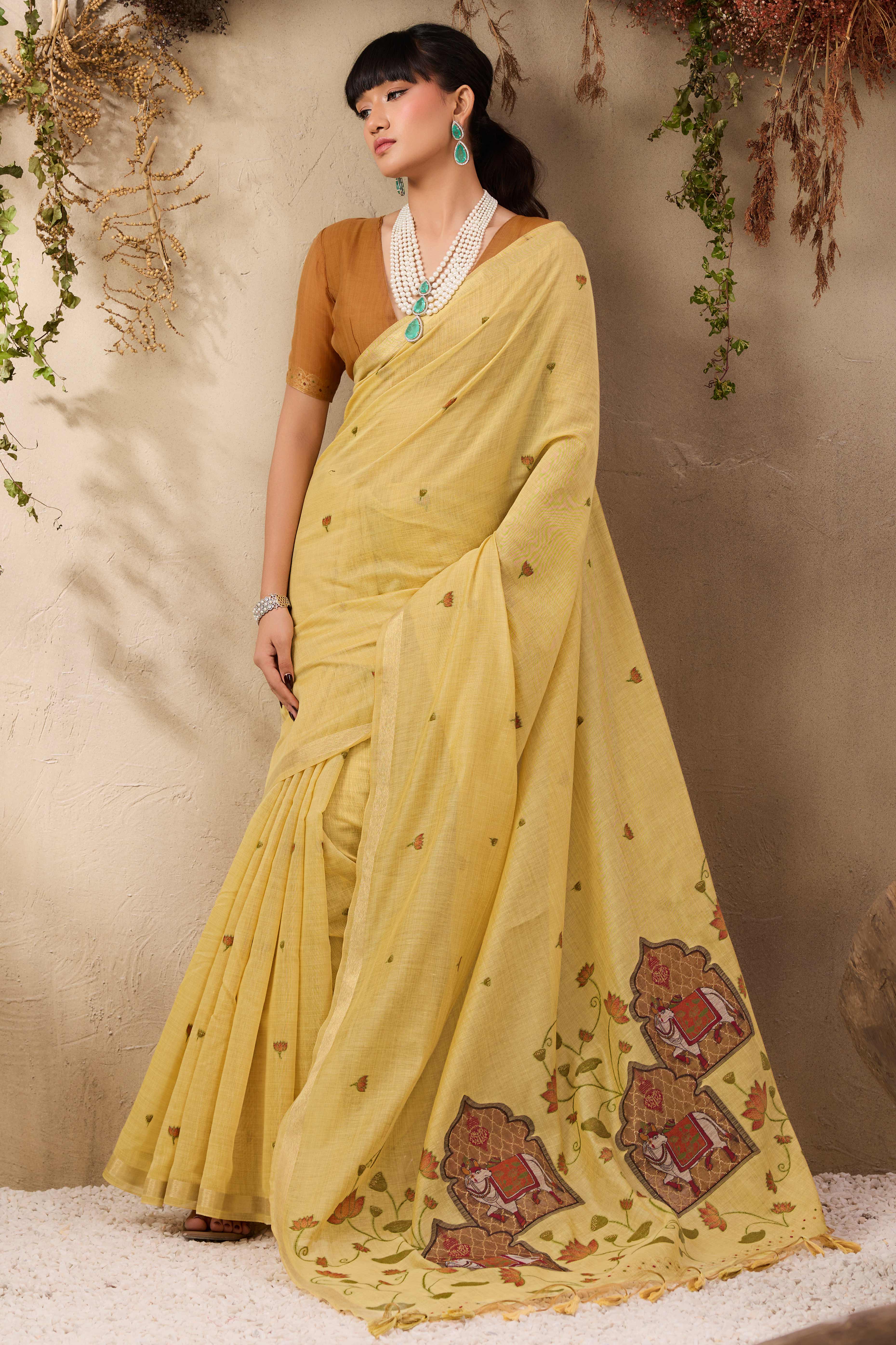 Yellow Lightweight Handloom Munga Cotton Blend Saree Accented with Floral Woven Motifs - Image 5