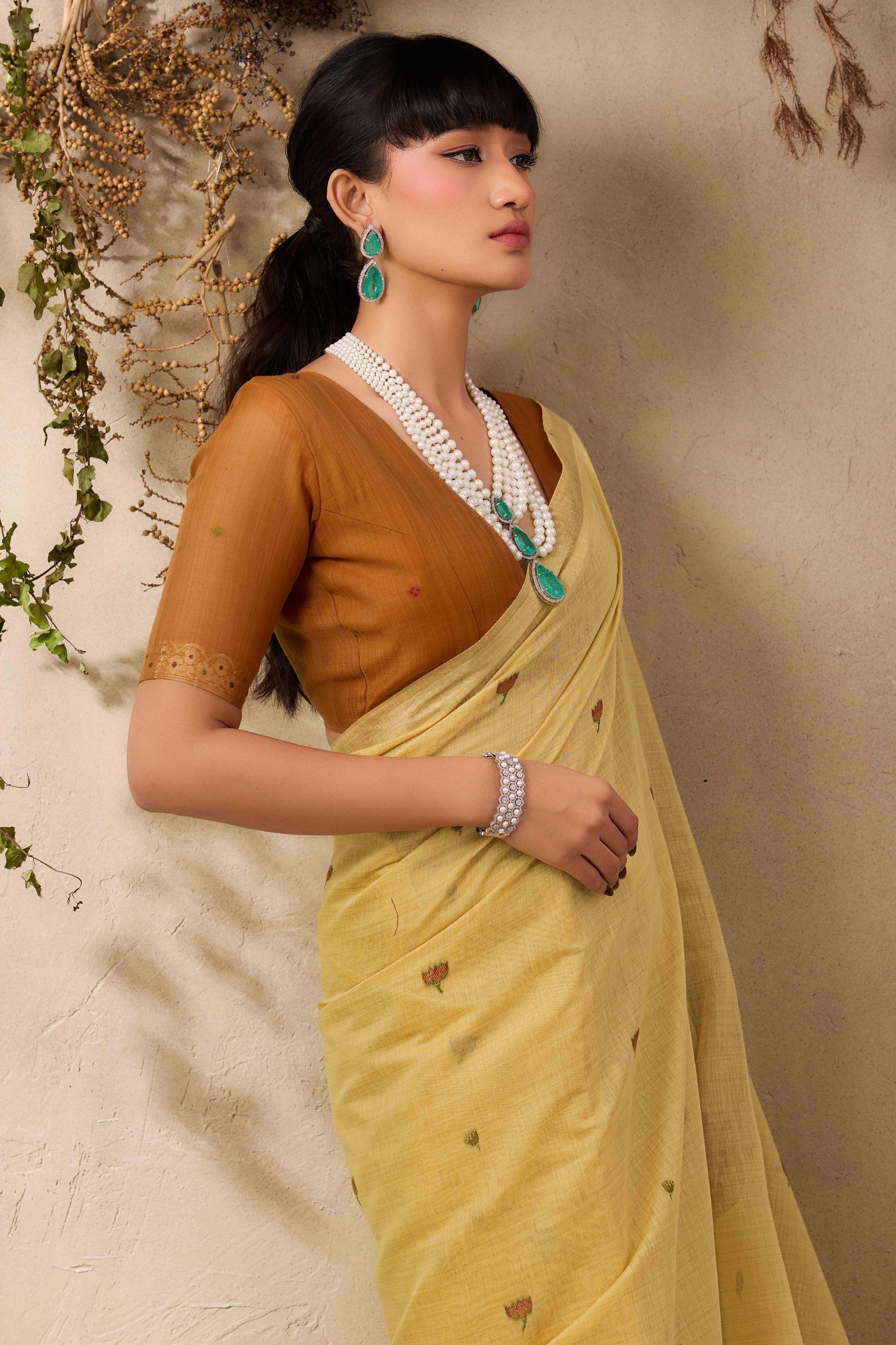 Yellow Lightweight Handloom Munga Cotton Blend Saree Accented with Floral Woven Motifs - Image 7