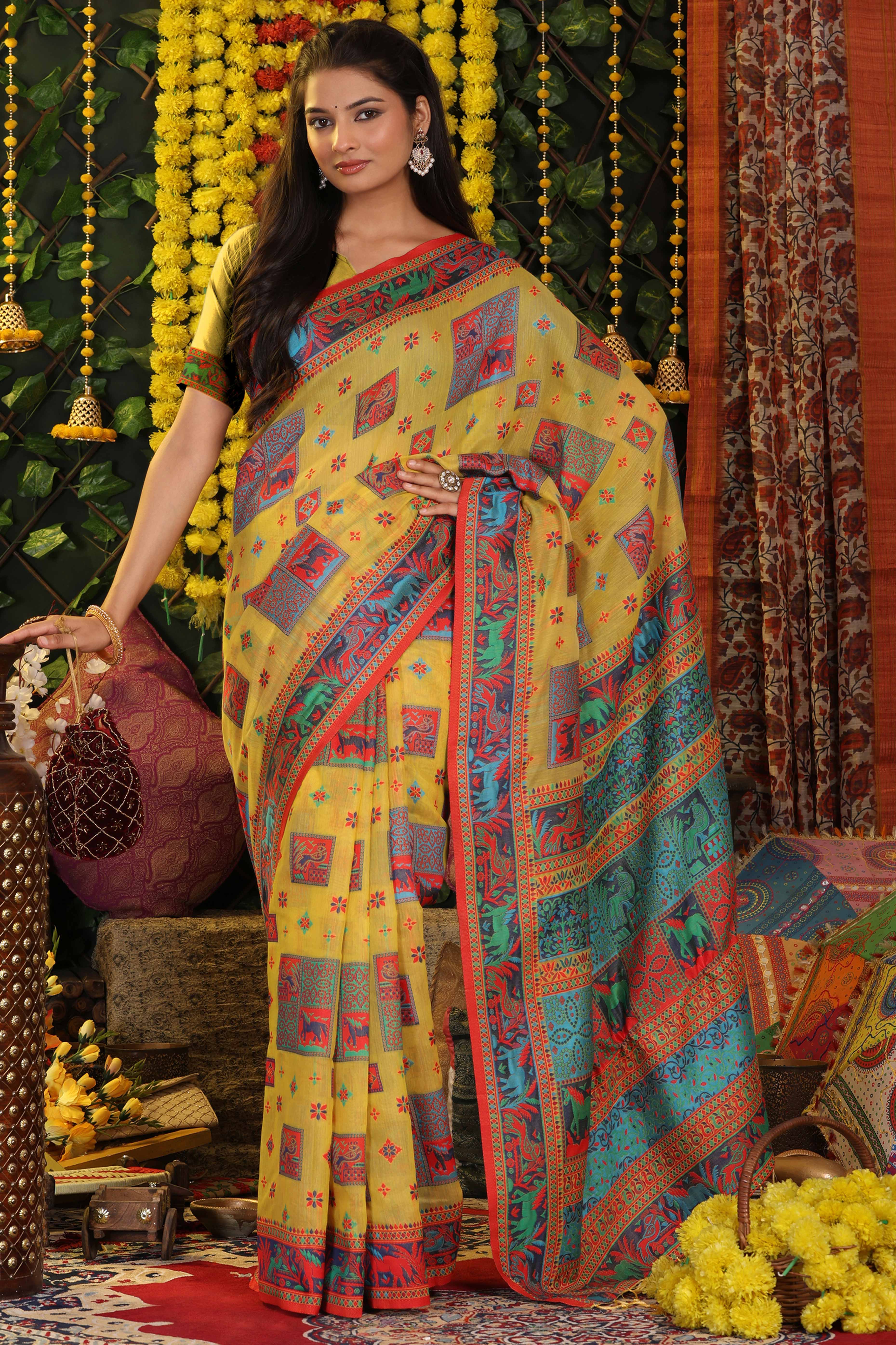 Yellow Linen Cotton Saree Adorned With Floral Zari Weaving & Tassel Pallu - Image 3