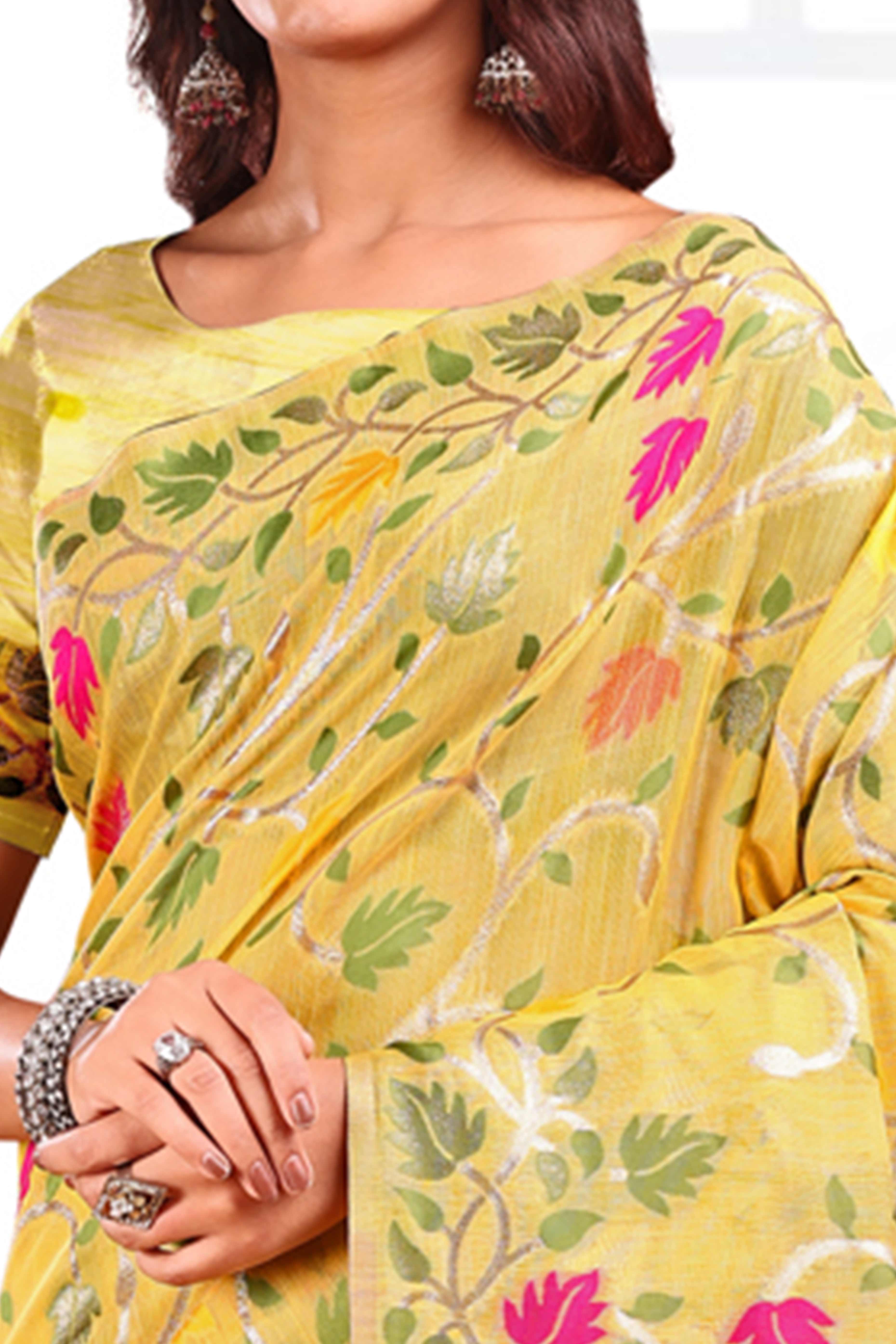 Yellow Linen Cotton Silk  Saree Enhanced With Floral Zari Weaving & Tasselled Pallu Finish - Image 2
