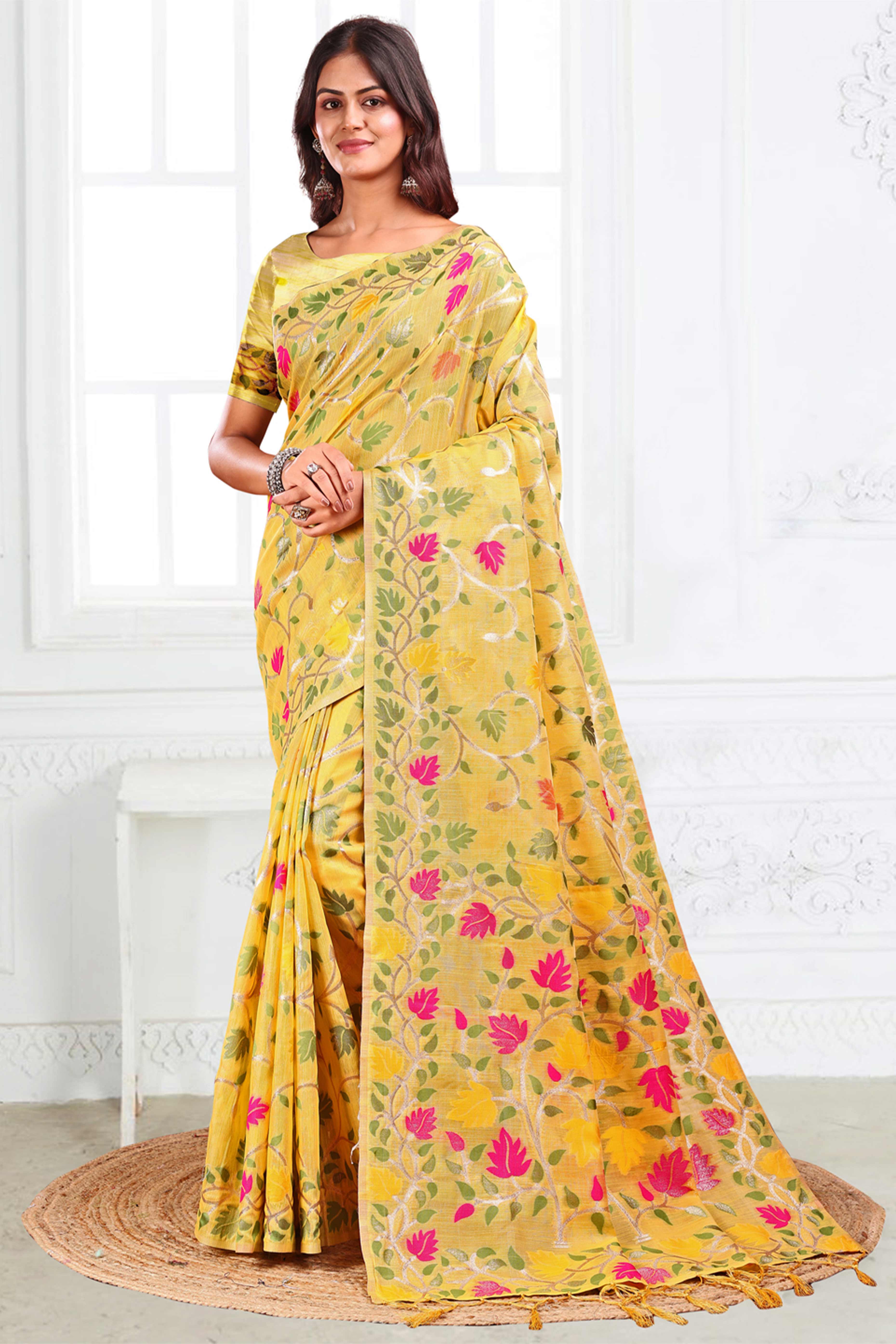 Yellow Linen Cotton Silk  Saree Enhanced With Floral Zari Weaving & Tasselled Pallu Finish - Image 3