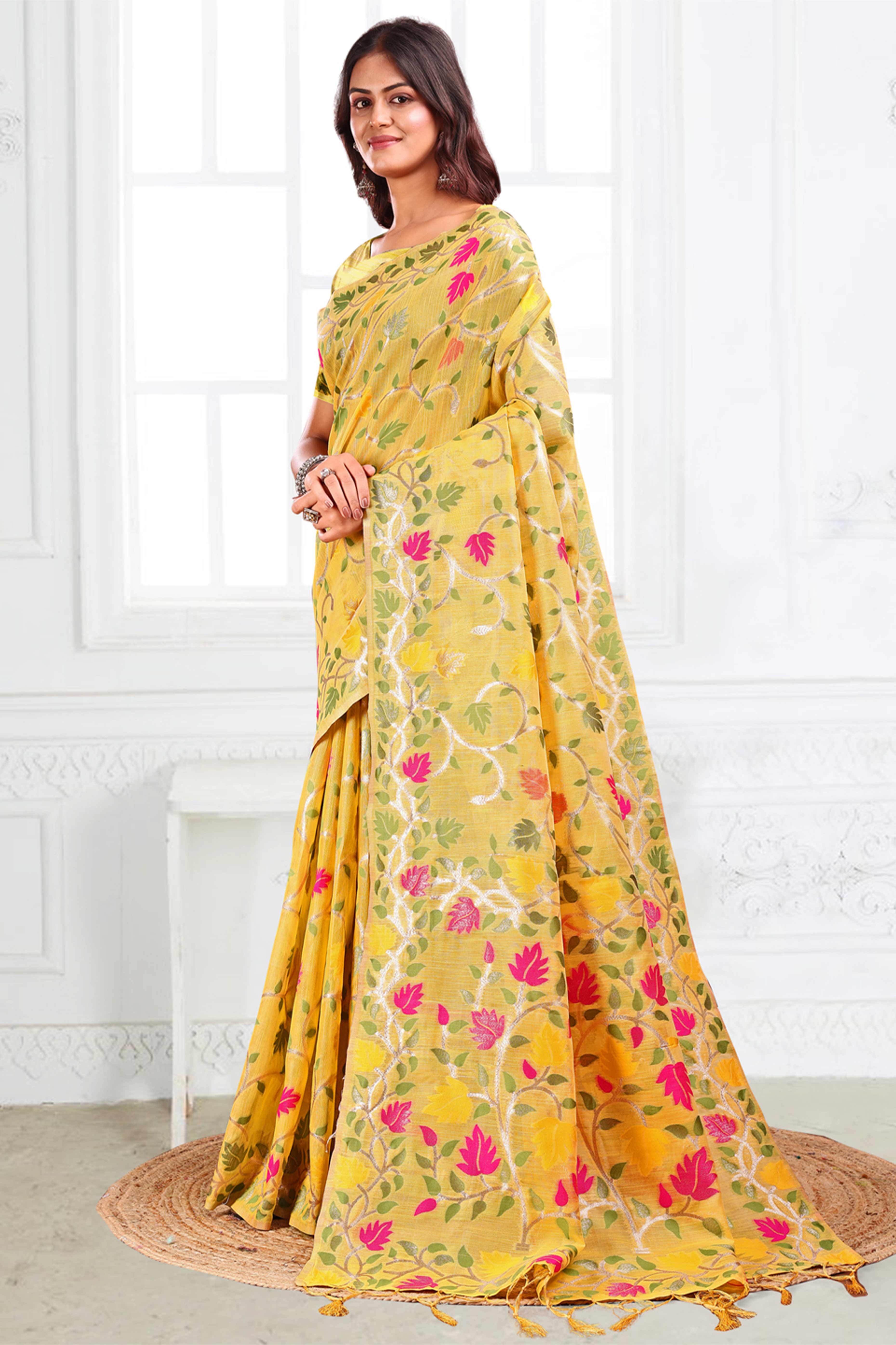 Yellow Linen Cotton Silk  Saree Enhanced With Floral Zari Weaving & Tasselled Pallu Finish - Image 4
