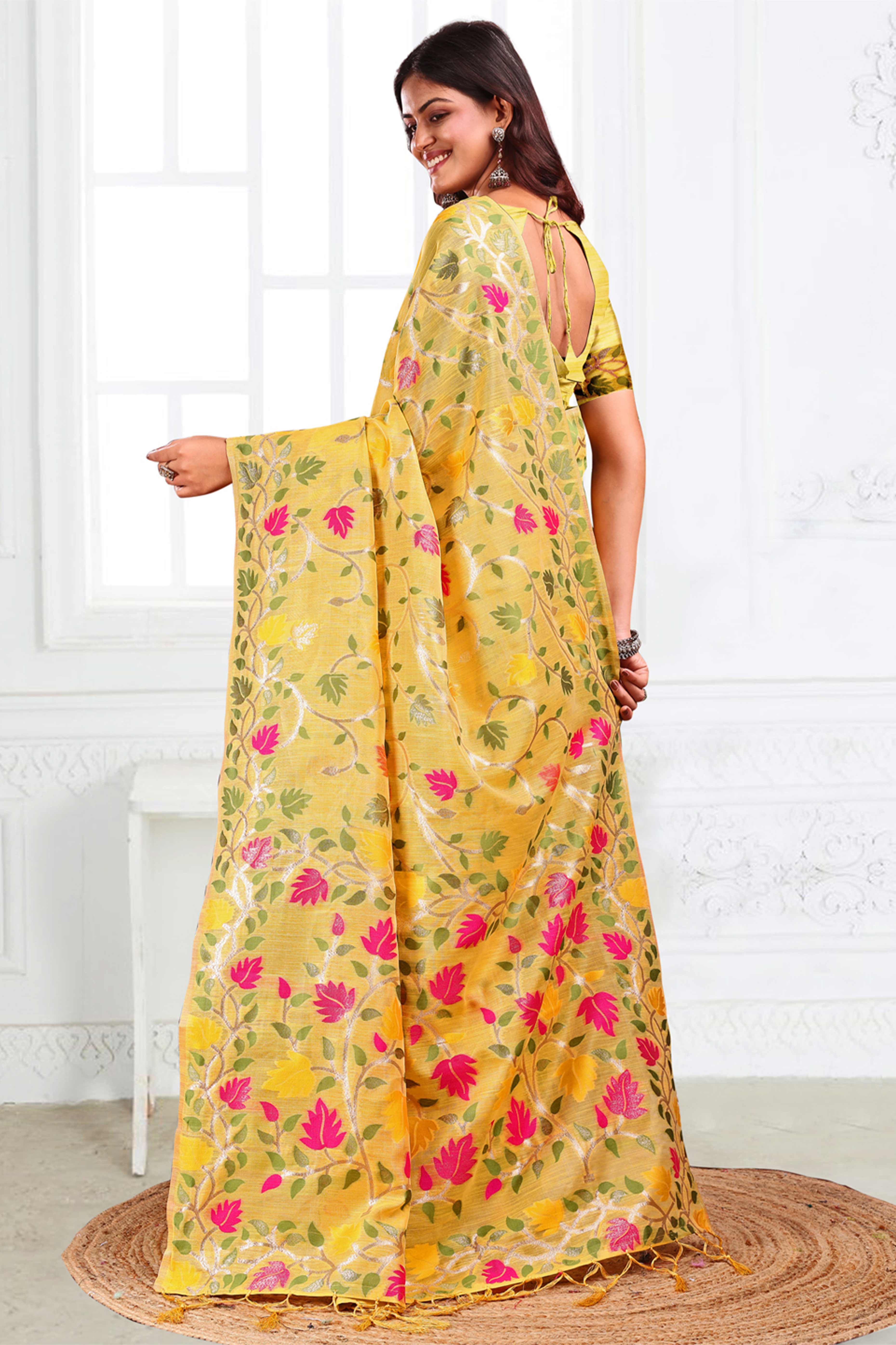 Yellow Linen Cotton Silk  Saree Enhanced With Floral Zari Weaving & Tasselled Pallu Finish - Image 5