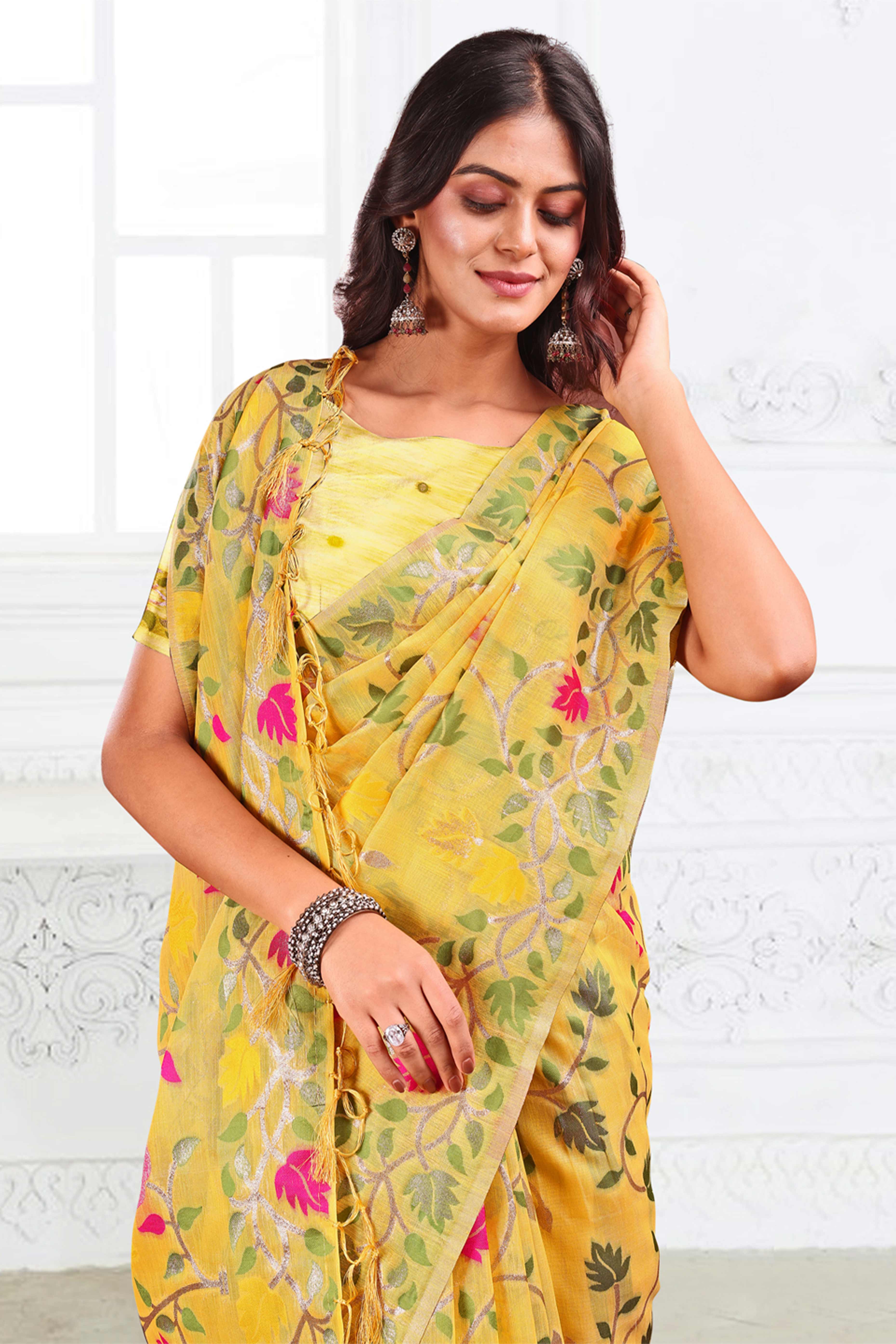 Yellow Linen Cotton Silk  Saree Enhanced With Floral Zari Weaving & Tasselled Pallu Finish - Image 6