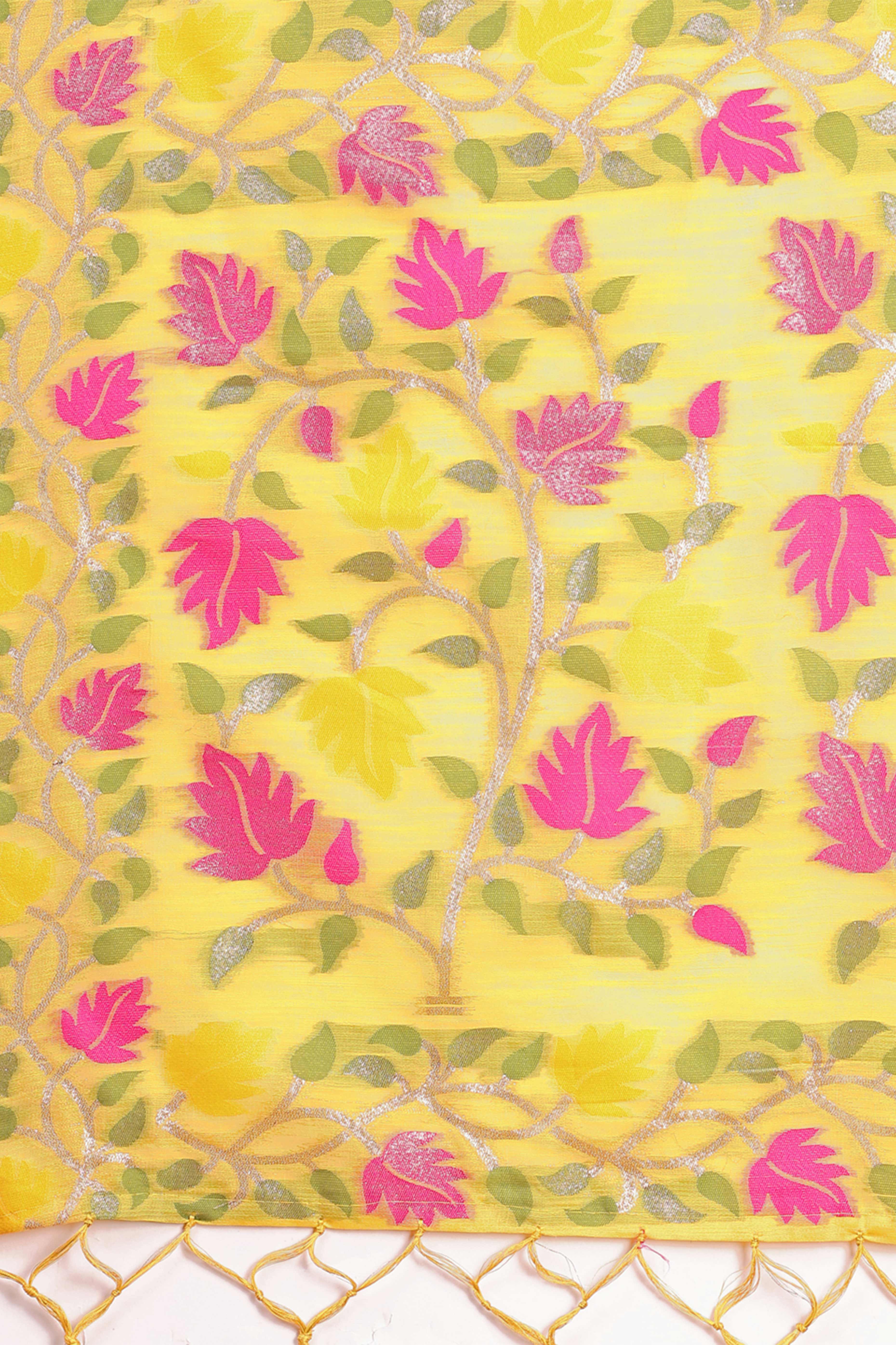 Yellow Linen Cotton Silk  Saree Enhanced With Floral Zari Weaving & Tasselled Pallu Finish - Image 7