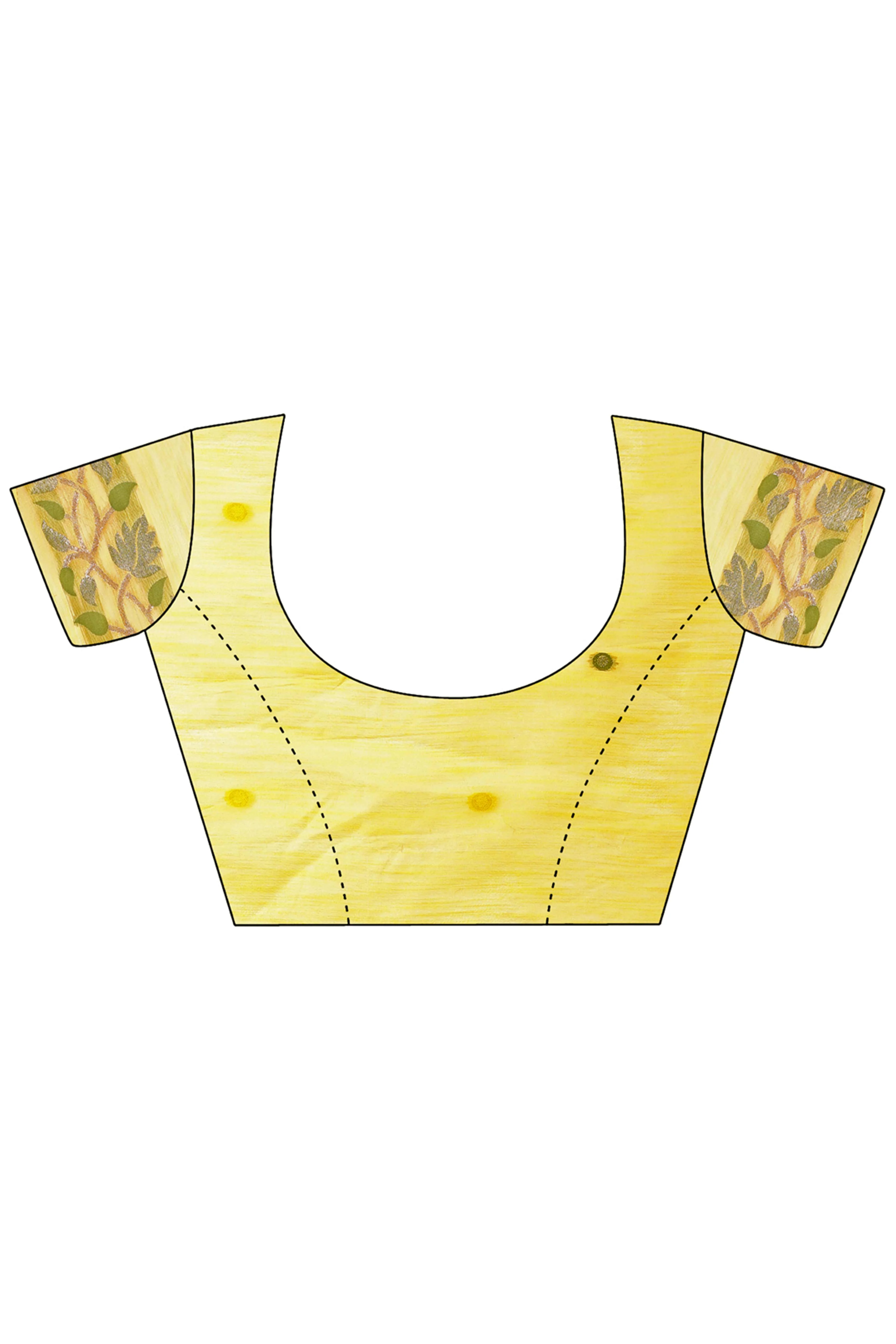 Yellow Linen Cotton Silk  Saree Enhanced With Floral Zari Weaving & Tasselled Pallu Finish - Image 8