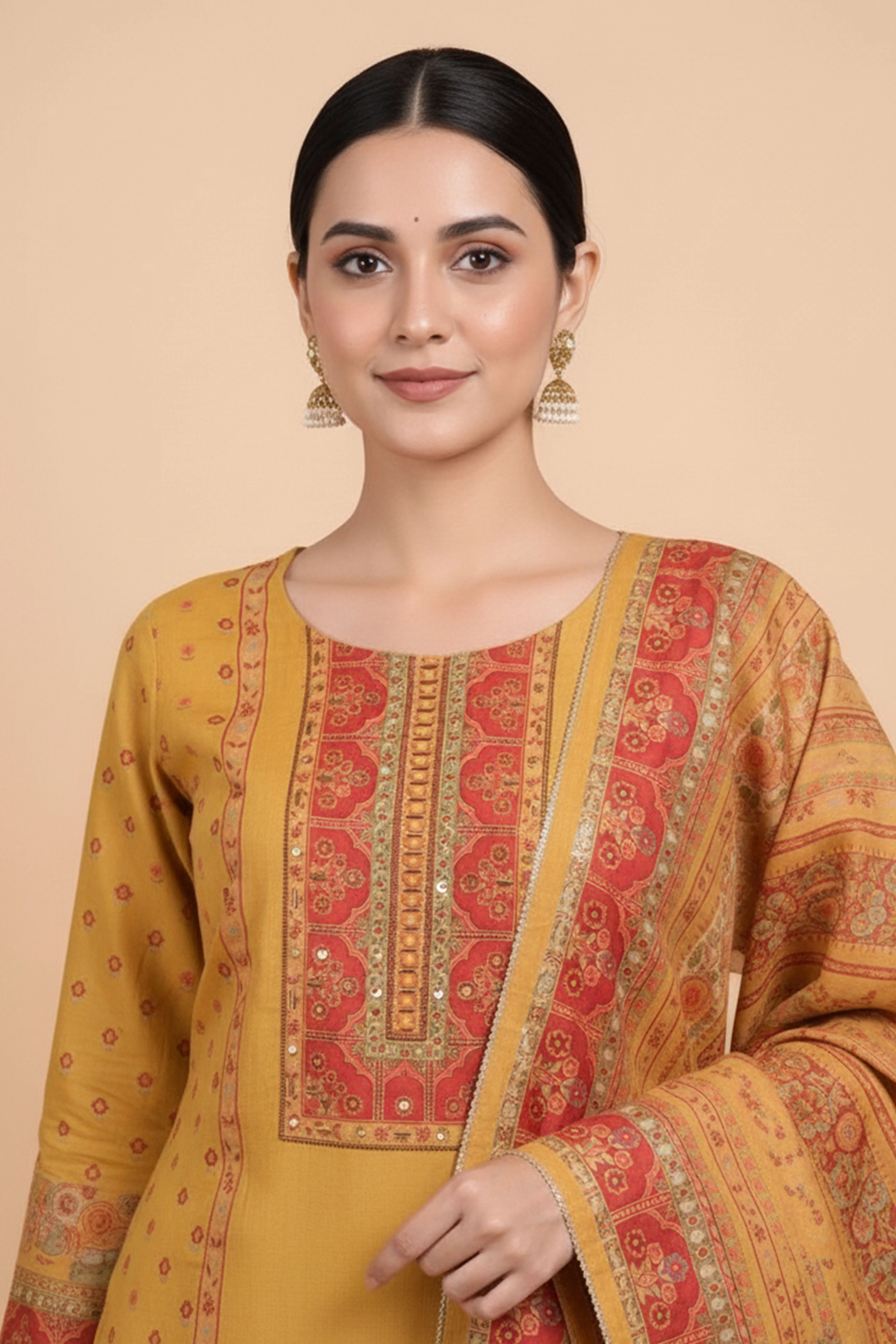 Yellow Muslin Suit Set Featuring Printed Design and Embroidered Neck Work - Image 2
