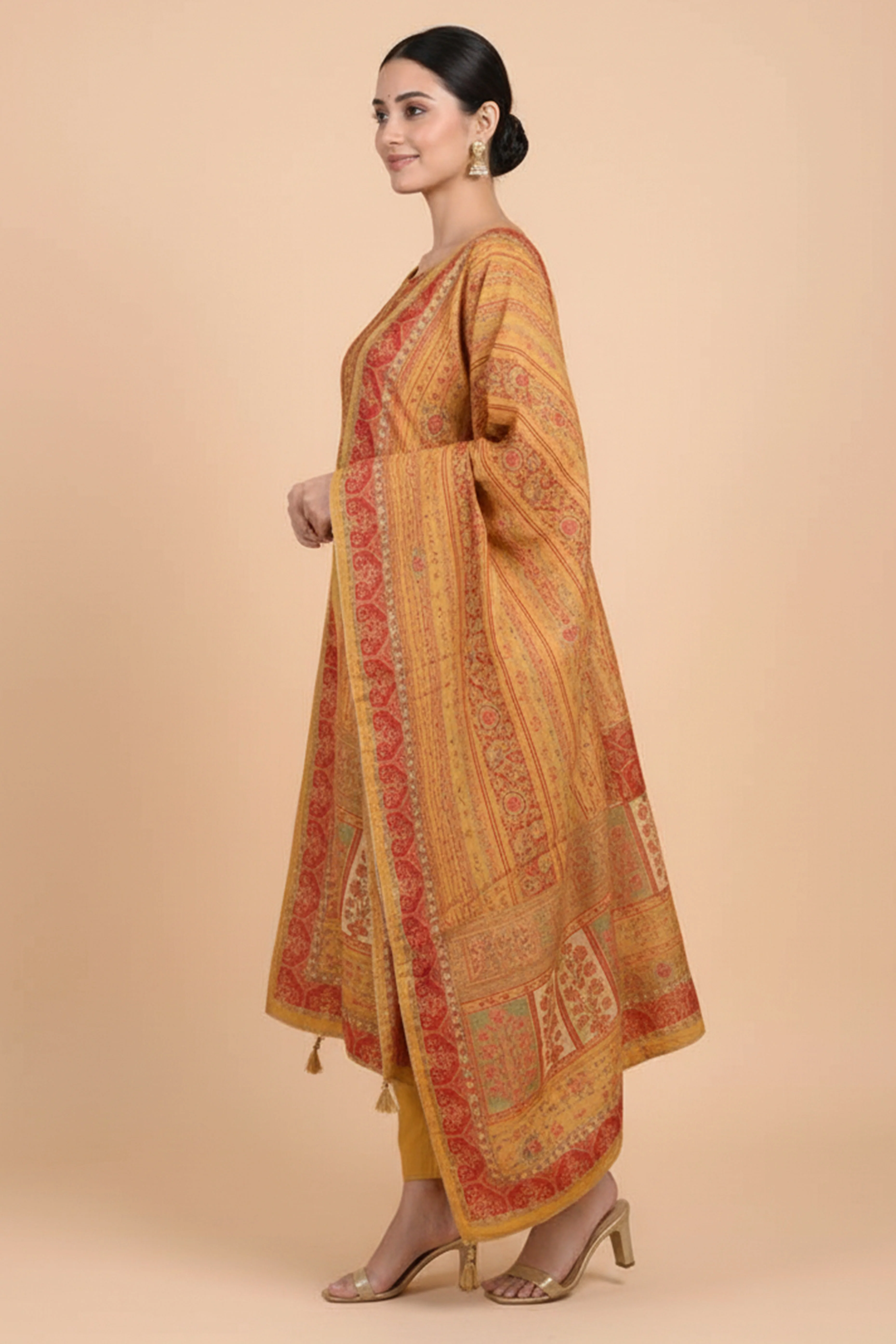 Yellow Muslin Suit Set Featuring Printed Design and Embroidered Neck Work - Image 3
