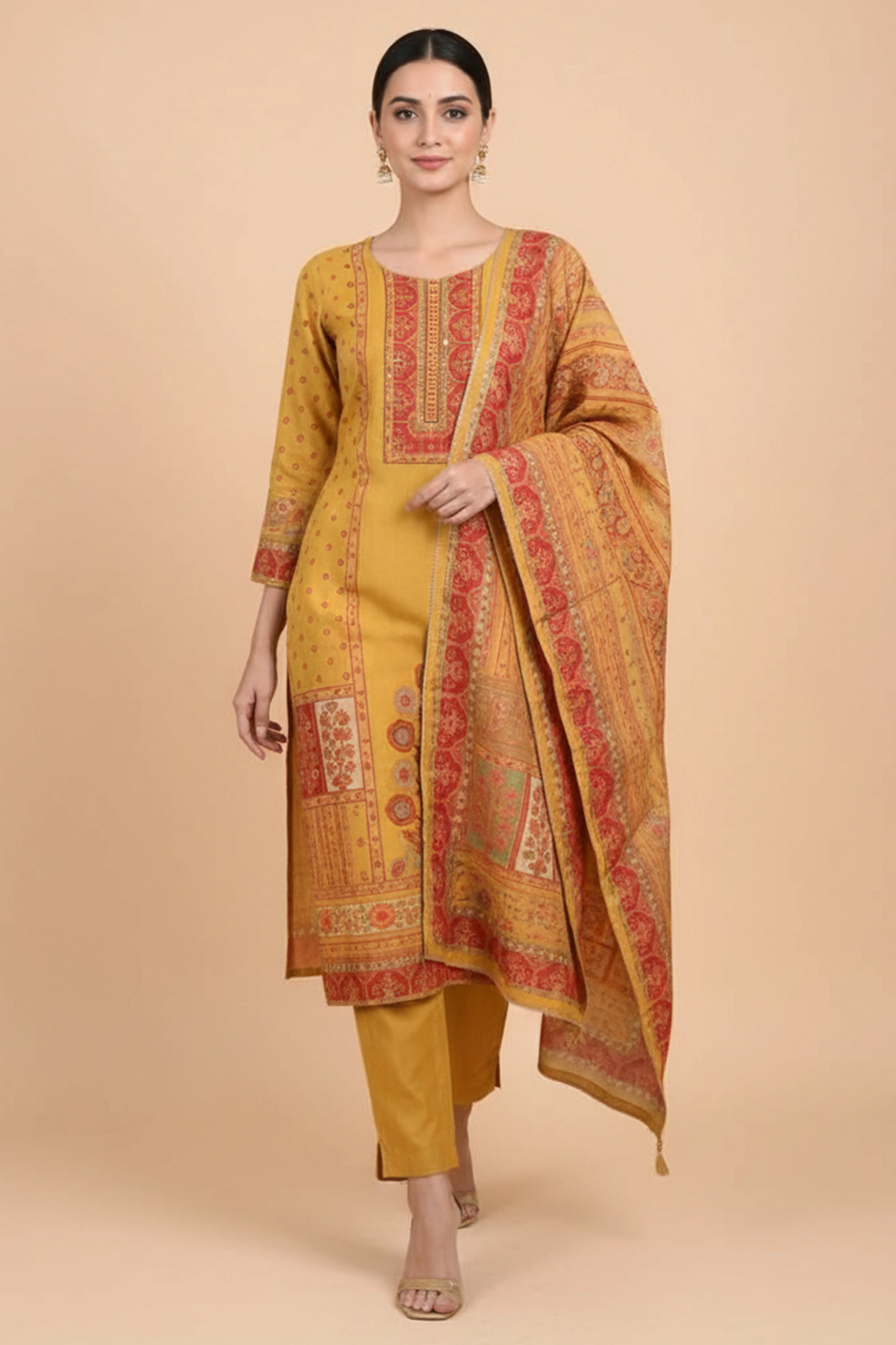 Yellow Muslin Suit Set Featuring Printed Design and Embroidered Neck Work - Image 4