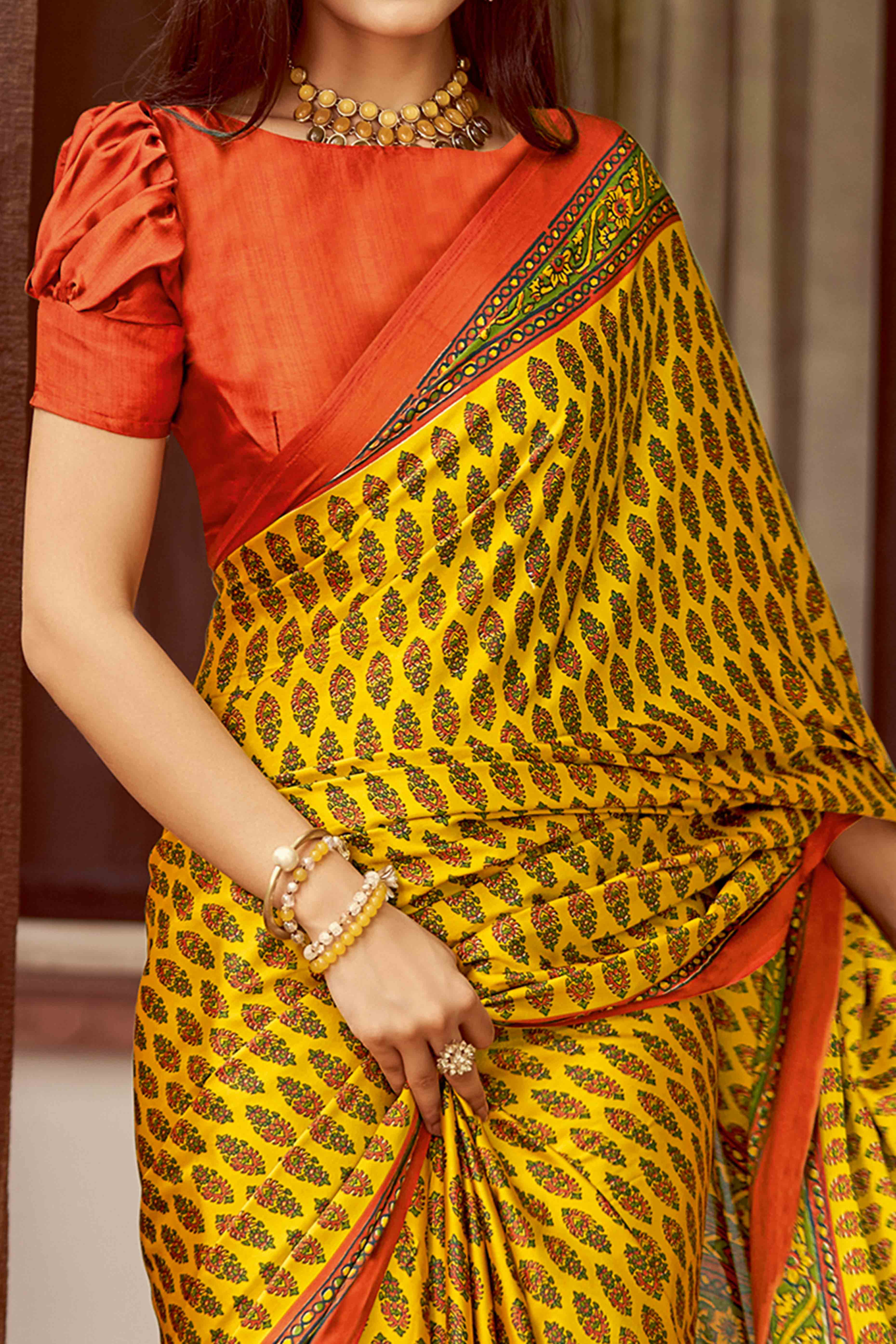 Yellow & Orange Floral Ajrakh Printed Satin Saree With Tassels - Image 2